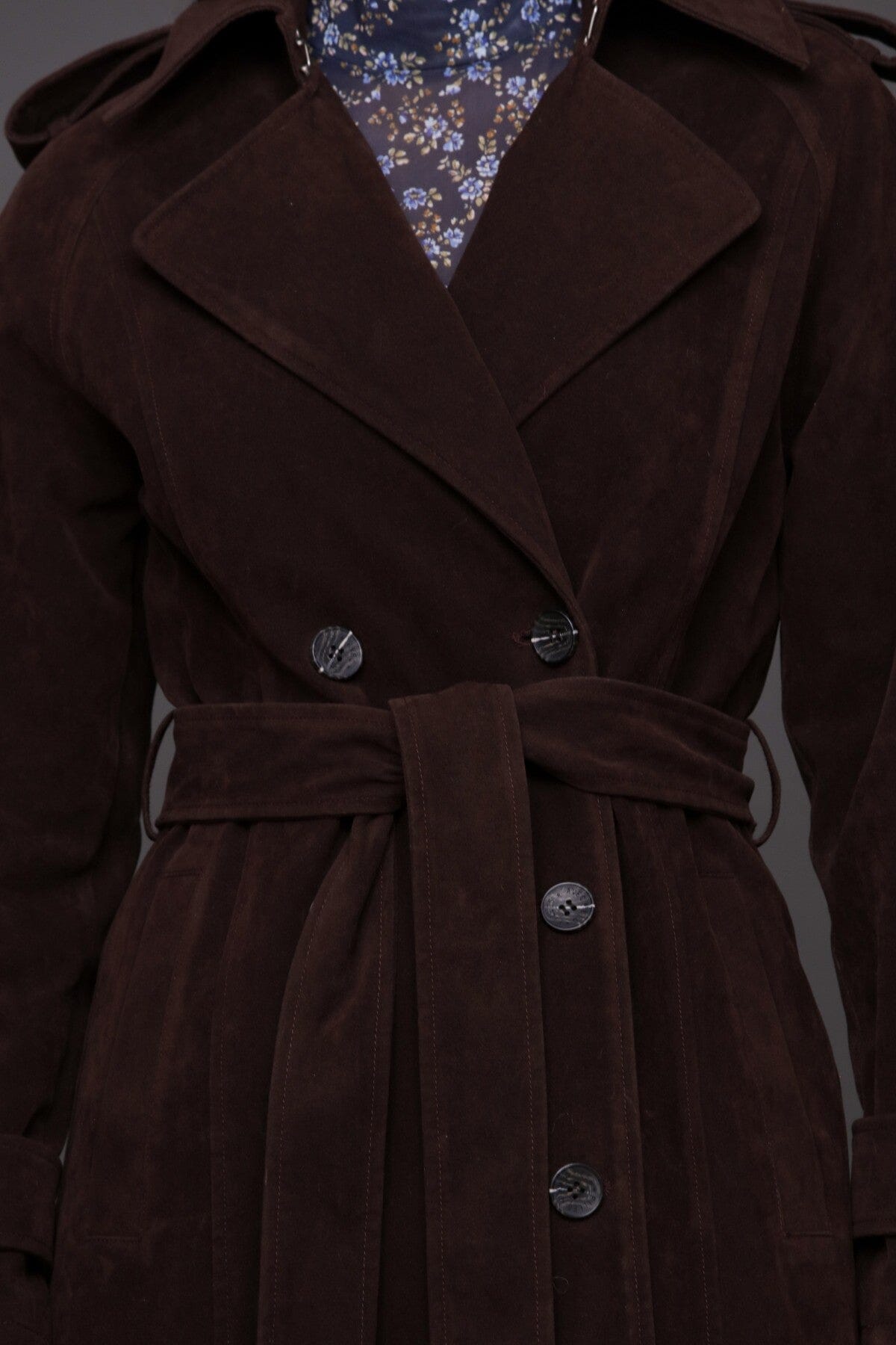 Faux suede utility double-breasted brown trench coat with removable self-tie belt and notch lapel collar - Cute women's trench coats by Avec Les Filles