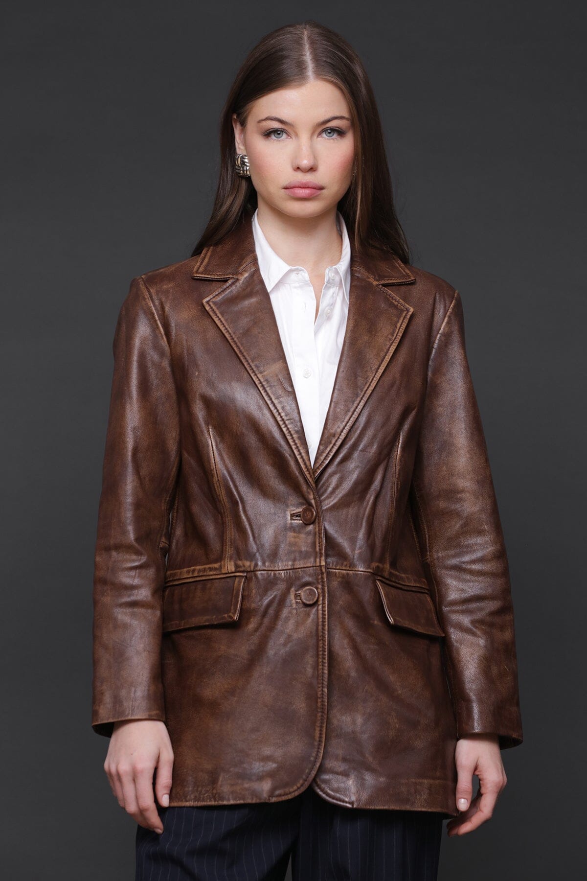 Vintage brown genuine leather single-breasted blazer jacket with flap pockets - Cute women's jackets by Avec Les Filles