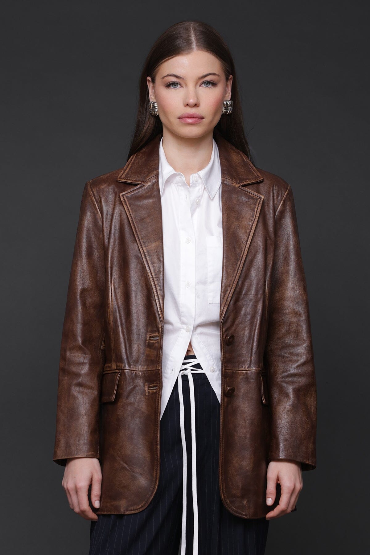 Vintage brown genuine leather single-breasted blazer jacket with flap pockets - Cute women's jackets by Avec Les Filles