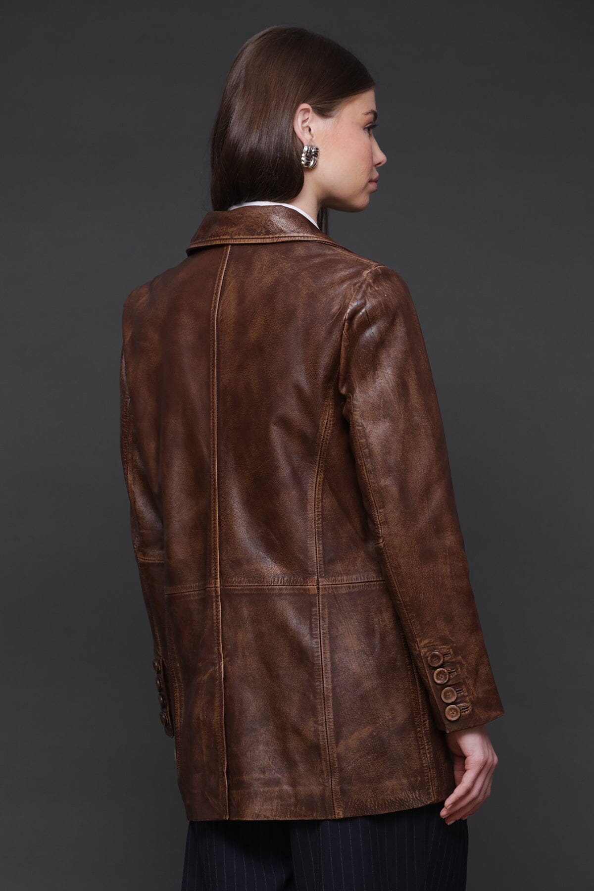 Vintage brown genuine leather single-breasted blazer jacket with flap pockets - Cute women's jackets by Avec Les Filles