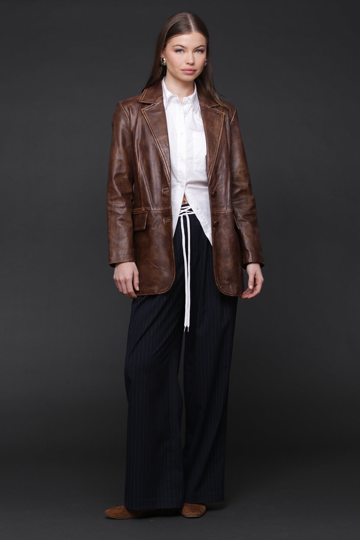 Vintage brown genuine leather single-breasted blazer jacket with flap pockets - Cute women's jackets by Avec Les Filles