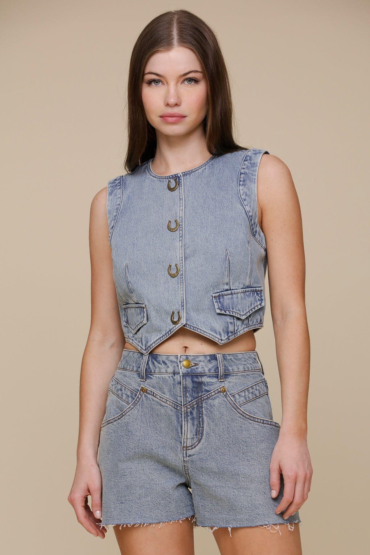 Western blue denim novelty button vest top made of 100% cotton with back buckle waist tab for adjustable fit - Cute womens vest tops by Avec Les Filles