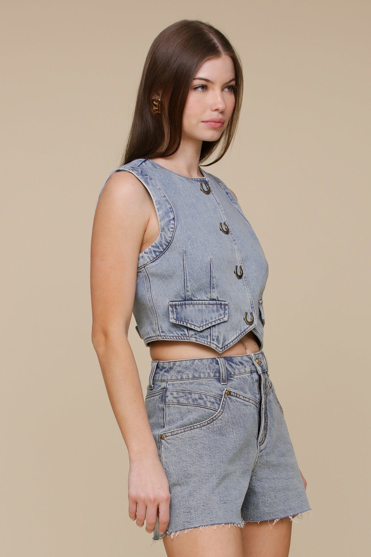 Western blue denim novelty button vest top made of 100% cotton with back buckle waist tab for adjustable fit - Cute womens vest tops by Avec Les Filles