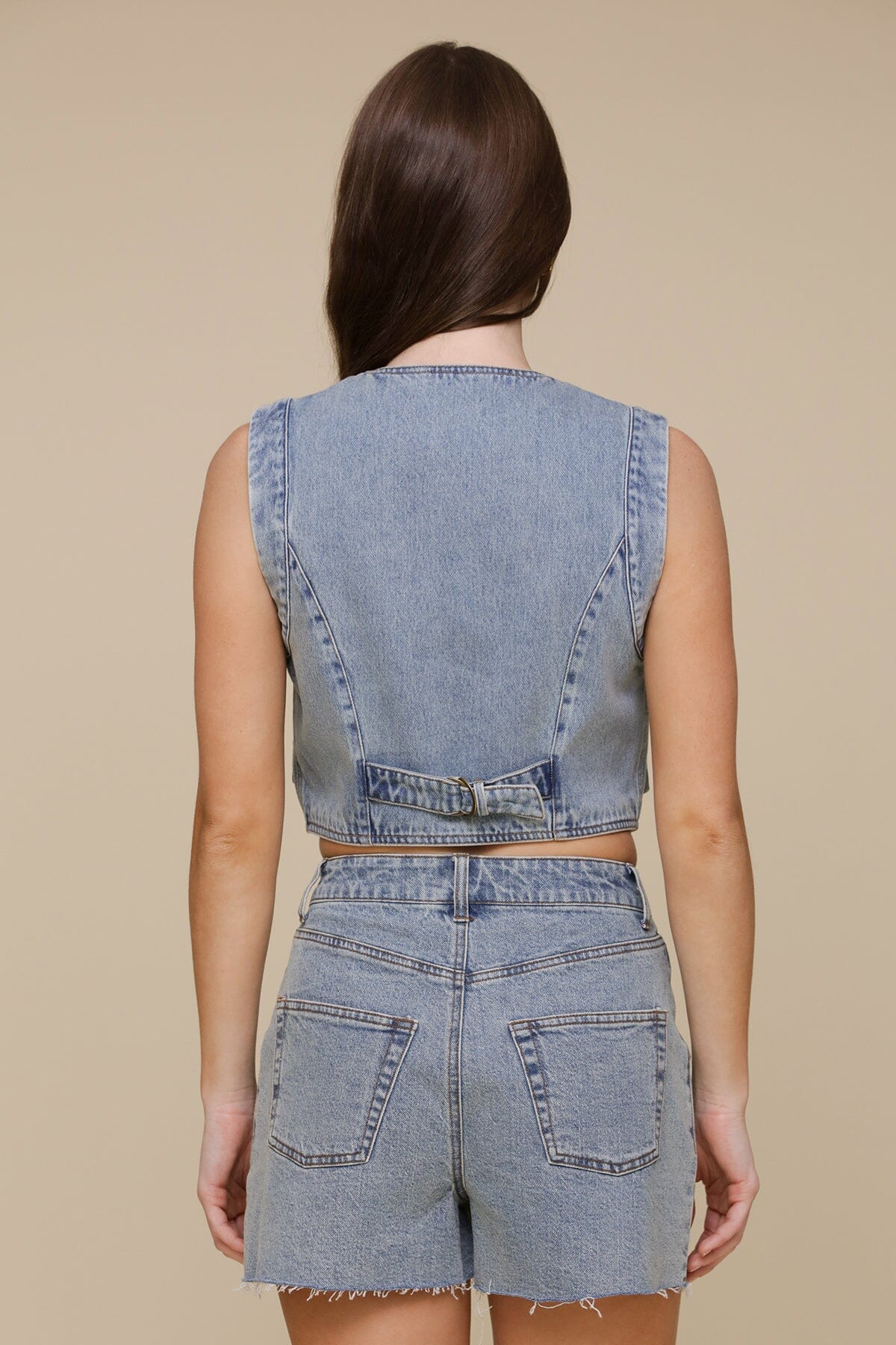 Western blue denim novelty button vest top made of 100% cotton with back buckle waist tab for adjustable fit - Cute womens vest tops by Avec Les Filles