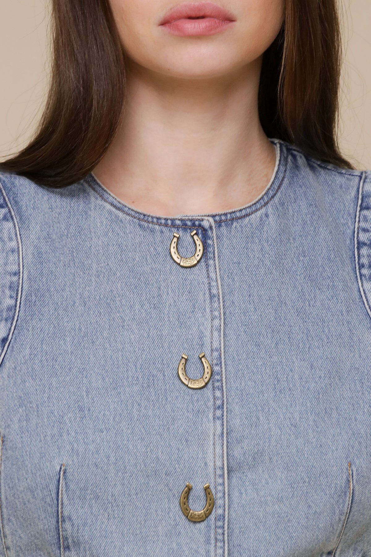 Western blue denim novelty button vest top made of 100% cotton with back buckle waist tab for adjustable fit - Cute womens vest tops by Avec Les Filles