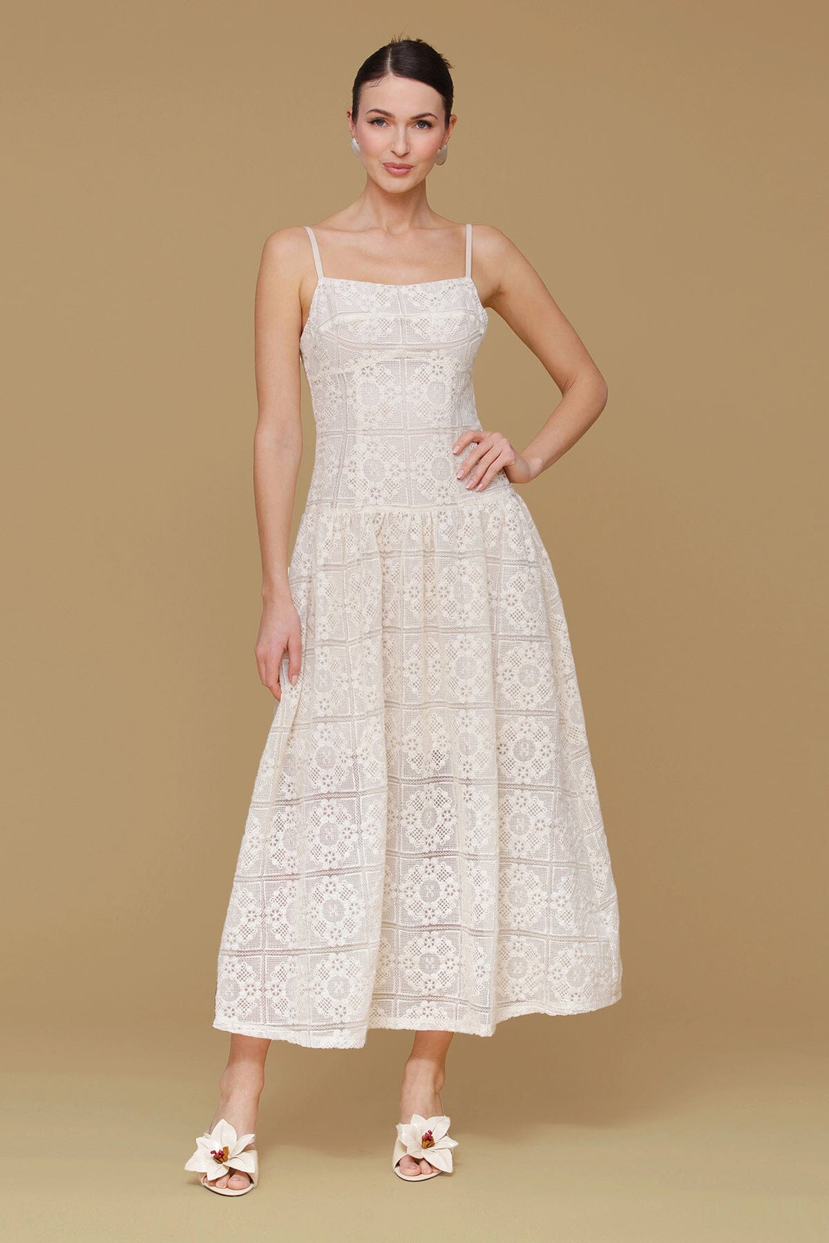Natural crochet drop waist maxi dress cotton polyester blend with adjustable spaghetti straps and square neckline - Cute womne's maxi dresses by Avec Les Filles