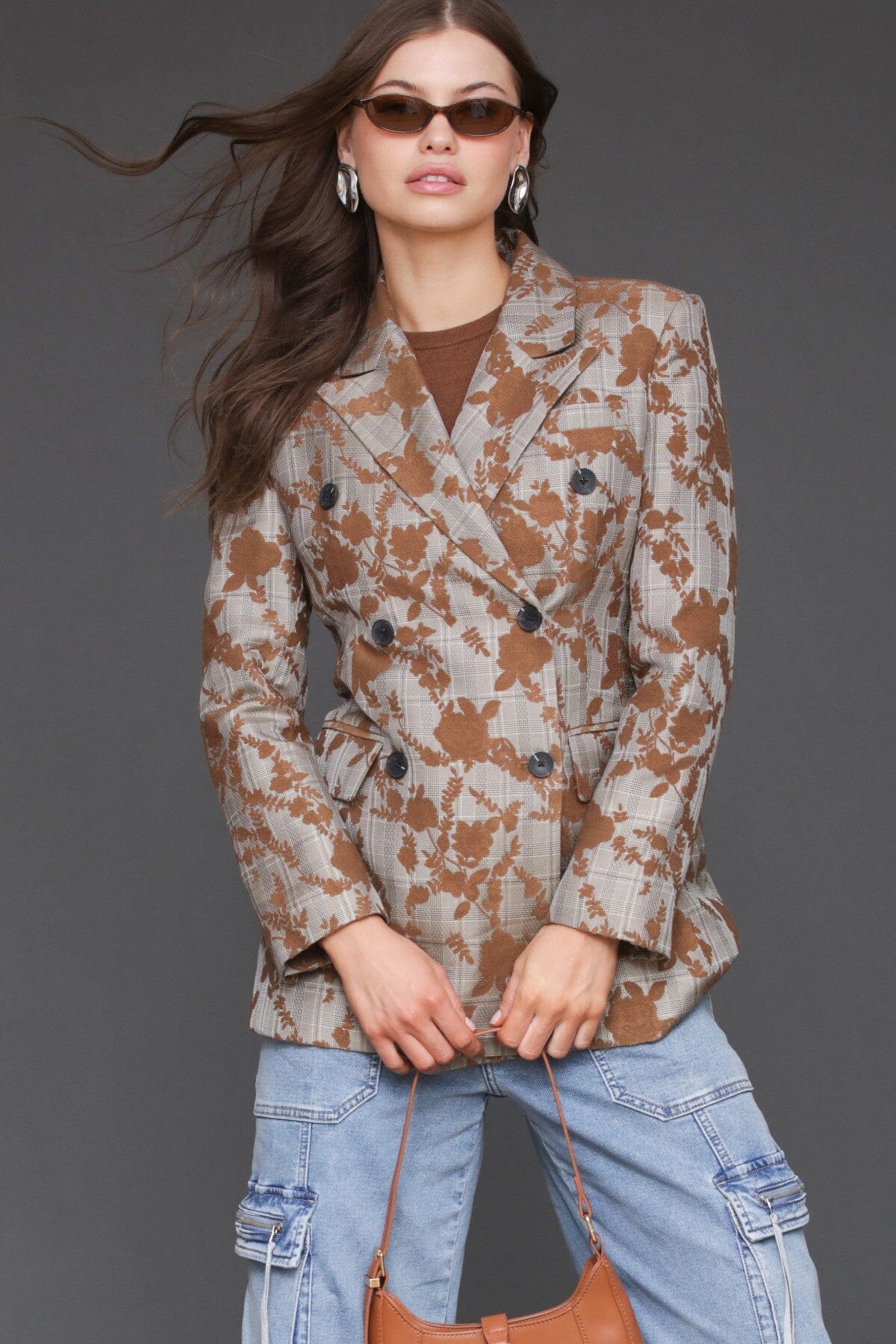 Floral brown plaid jacquard hourglass double-breasted blazer with peak lapels and long sleeves - Cute women's blazers jackets by Avec Les Filles