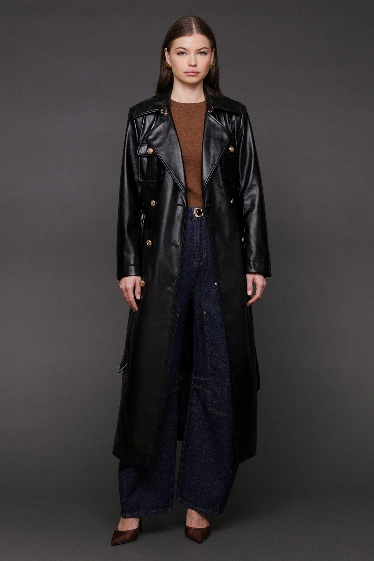 Faux-ever leather belted utility double-breasted button front black trench coat with self-tie waist belt - Cute women's coats by Avec Les Filles