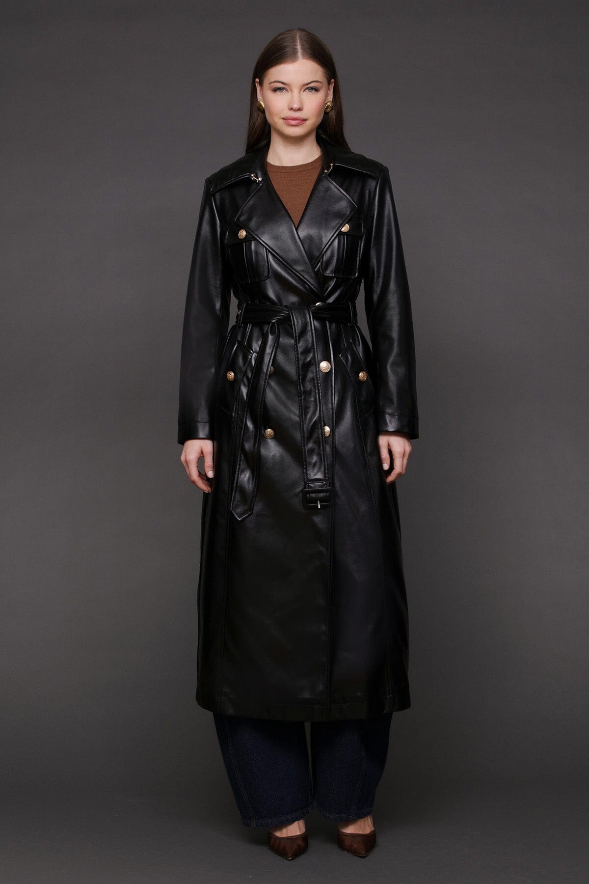 Faux-ever leather belted utility double-breasted button front black trench coat with self-tie waist belt - Cute women's coats by Avec Les Filles