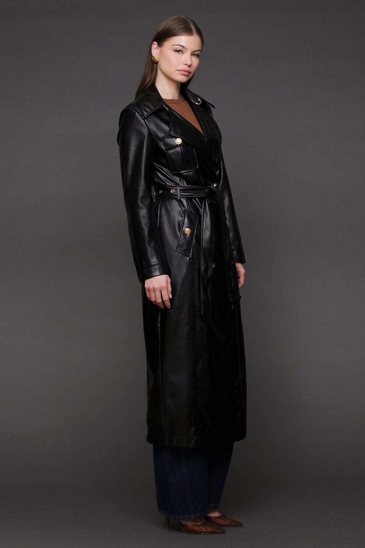 Faux-ever leather belted utility double-breasted button front black trench coat with self-tie waist belt - Cute women's coats by Avec Les Filles