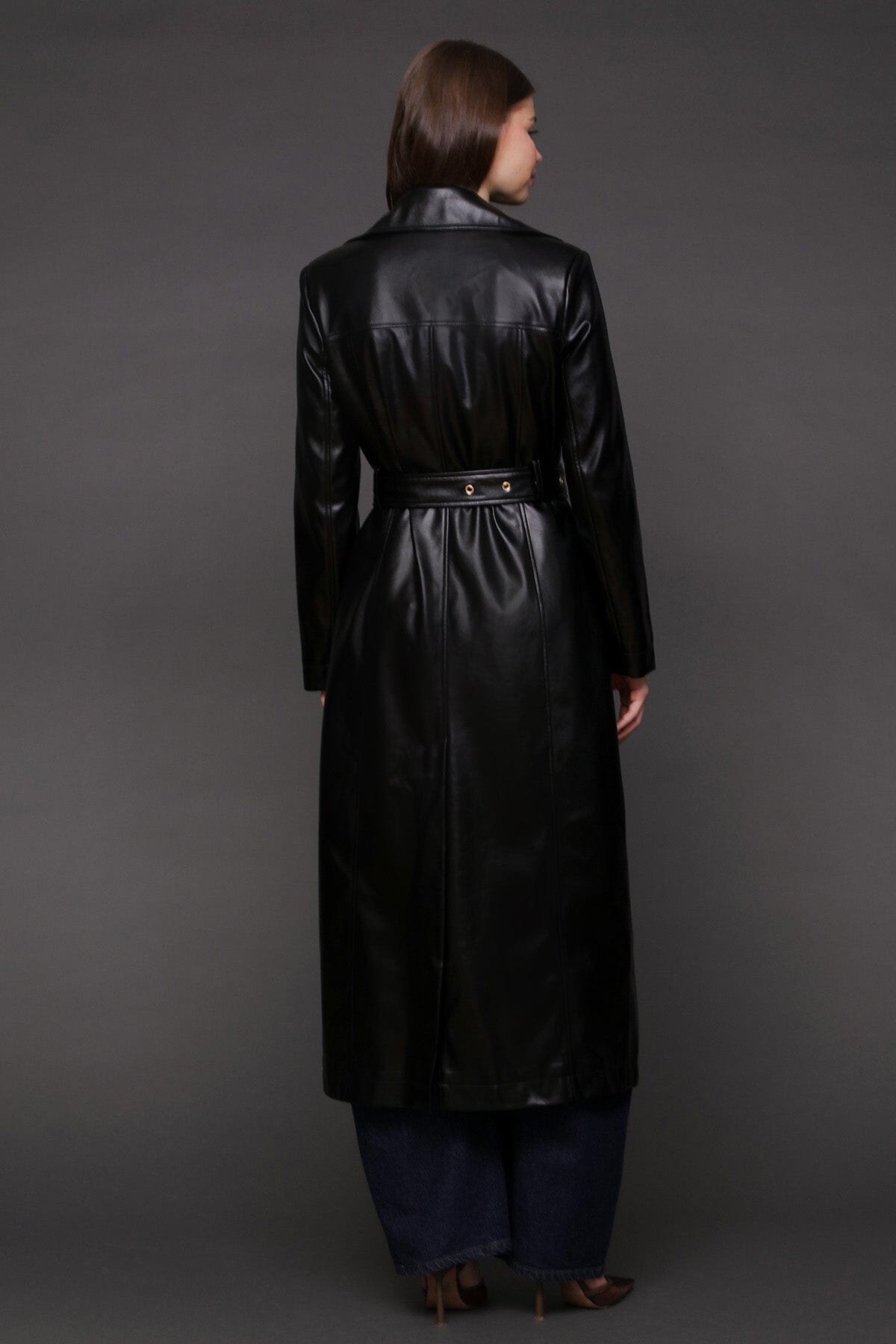 Faux-ever leather belted utility double-breasted button front black trench coat with self-tie waist belt - Cute women's coats by Avec Les Filles