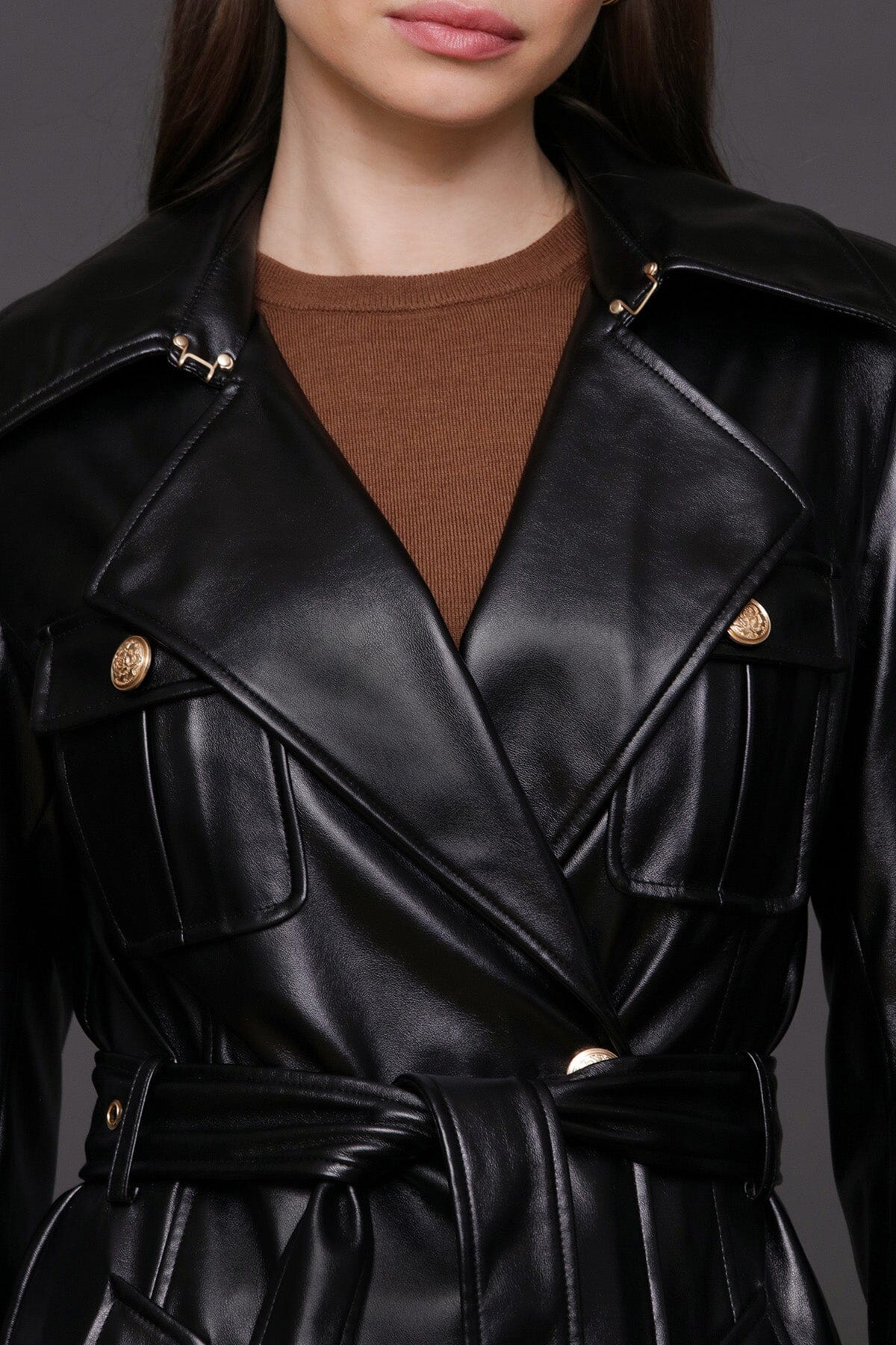 Faux-ever leather belted utility double-breasted button front black trench coat with self-tie waist belt - Cute women's coats by Avec Les Filles