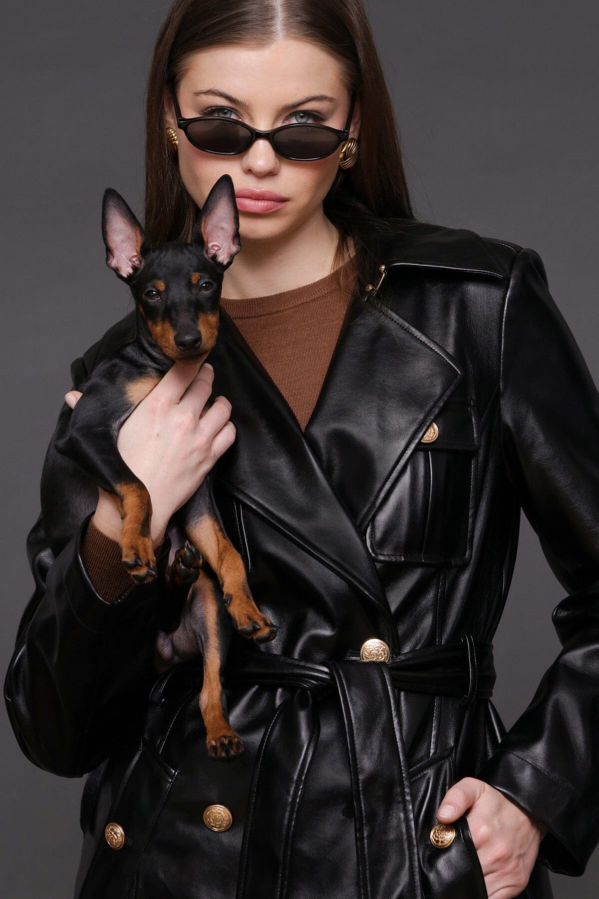 Faux-ever leather belted utility double-breasted button front black trench coat with self-tie waist belt - Cute women's coats by Avec Les Filles