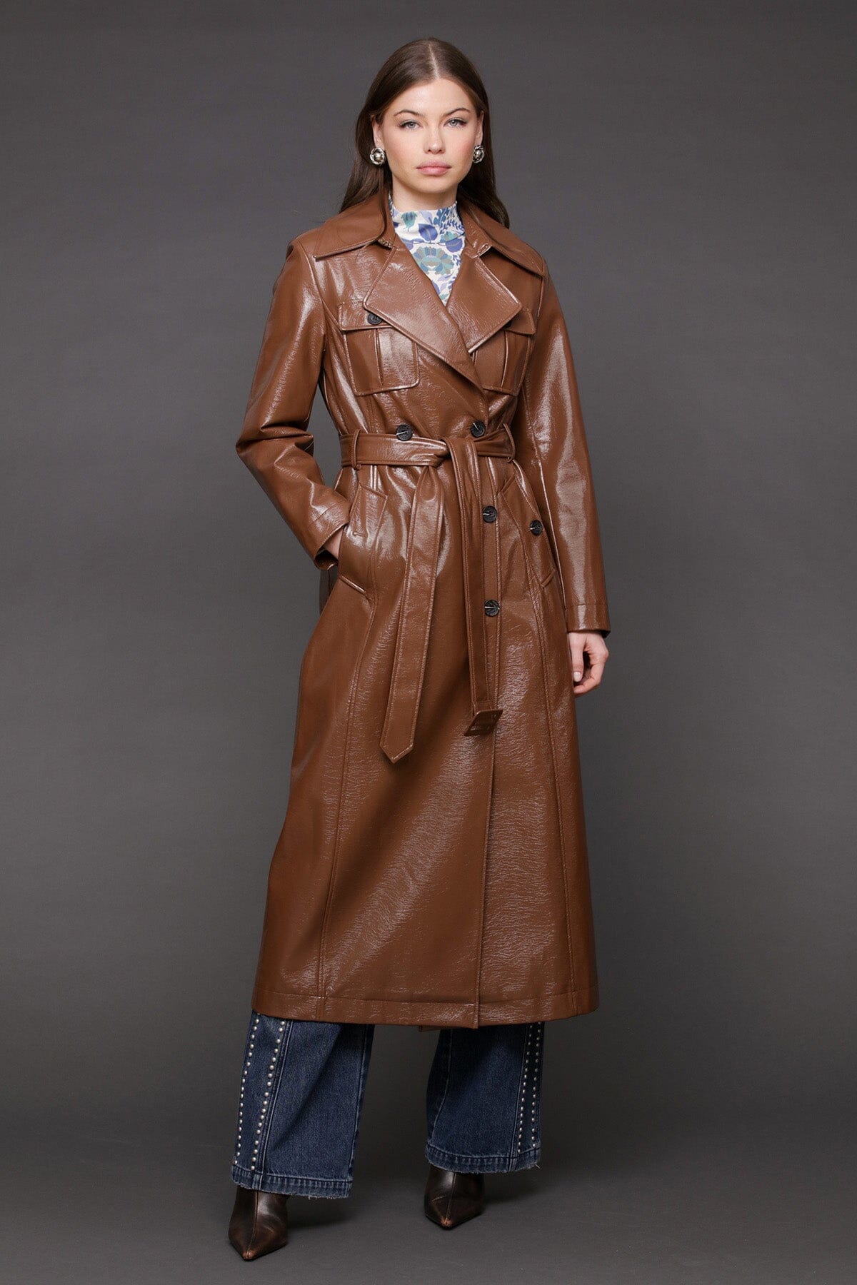 Faux-ever leather belted utility double-breasted button front brown trench coat with self-tie waist belt - Cute women's coats by Avec Les Filles