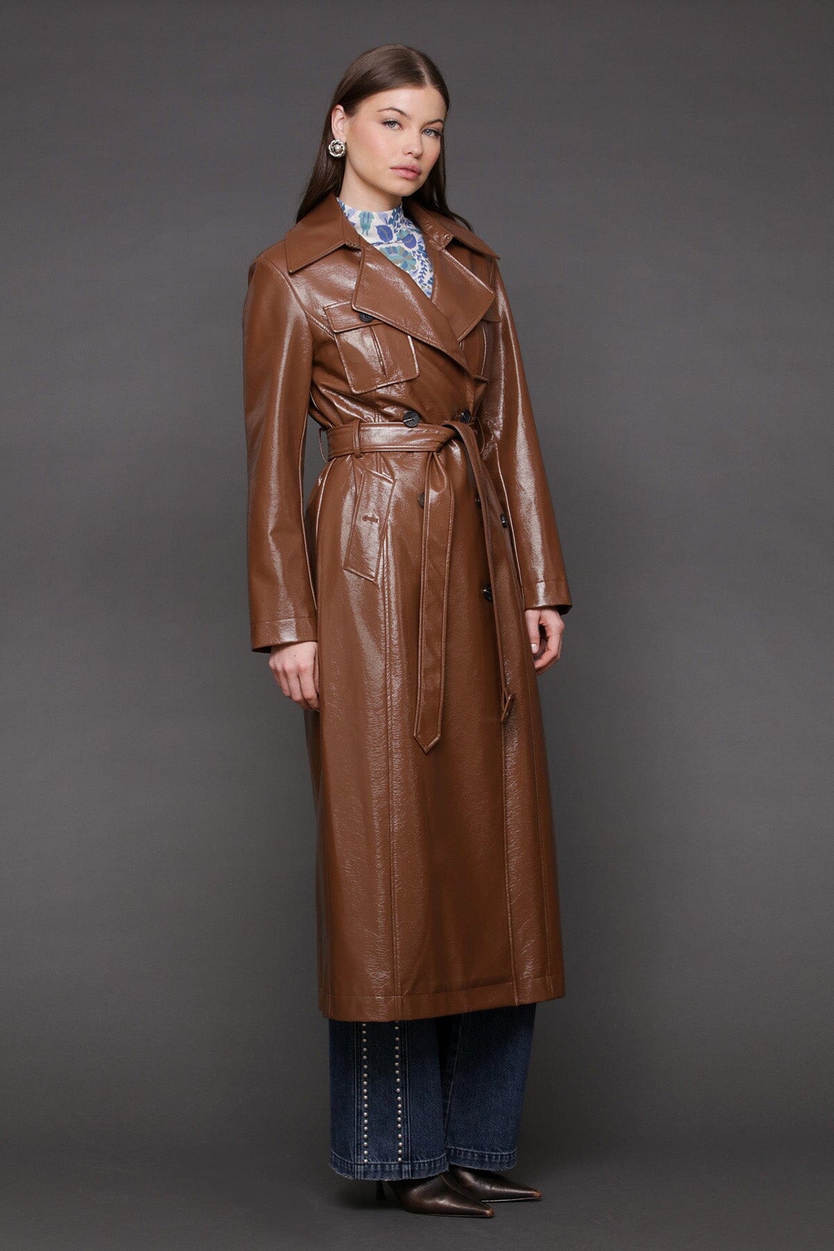 Faux-ever leather belted utility double-breasted button front brown trench coat with self-tie waist belt - Cute women's coats by Avec Les Filles