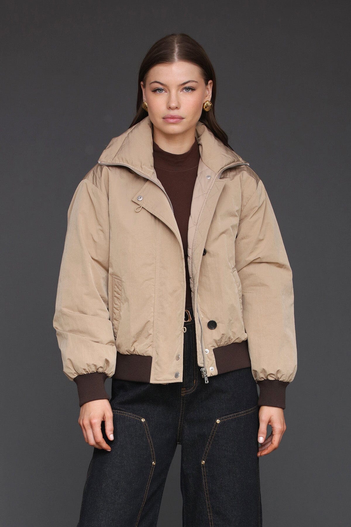 Padded nylon khaki button front bomber jacket with envelope collar neckline and long sleeves - Cute women's jackets by Avec Les Filles
