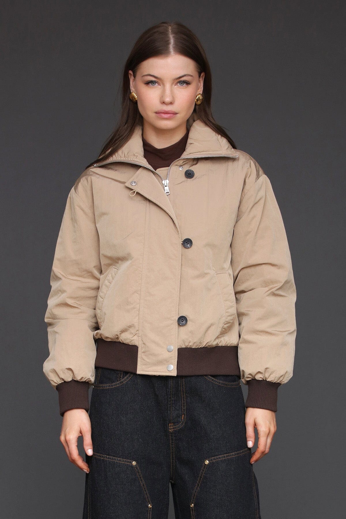 Padded nylon khaki button front bomber jacket with envelope collar neckline and long sleeves - Cute women's jackets by Avec Les Filles