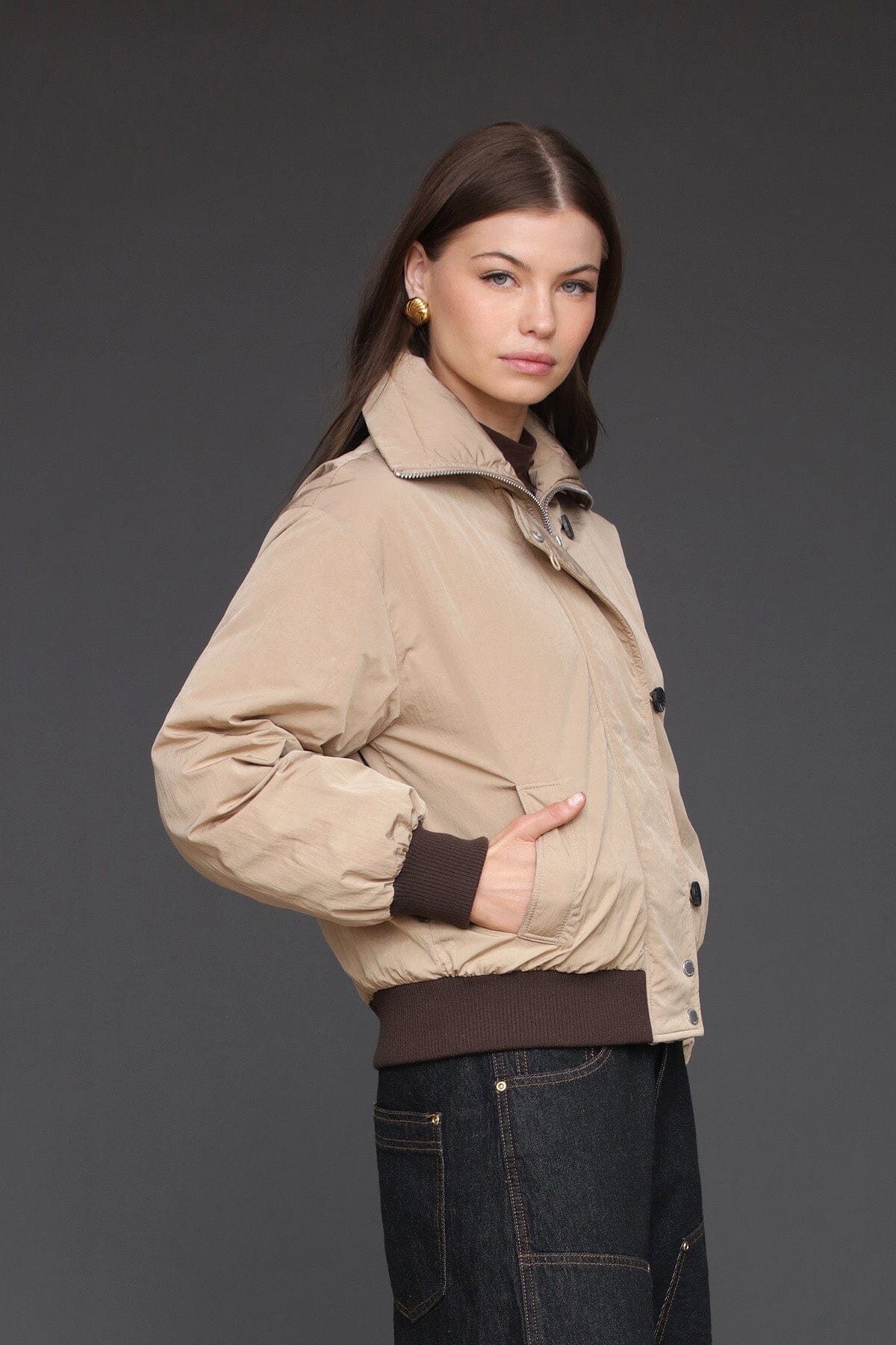 Padded nylon khaki button front bomber jacket with envelope collar neckline and long sleeves - Cute women's jackets by Avec Les Filles