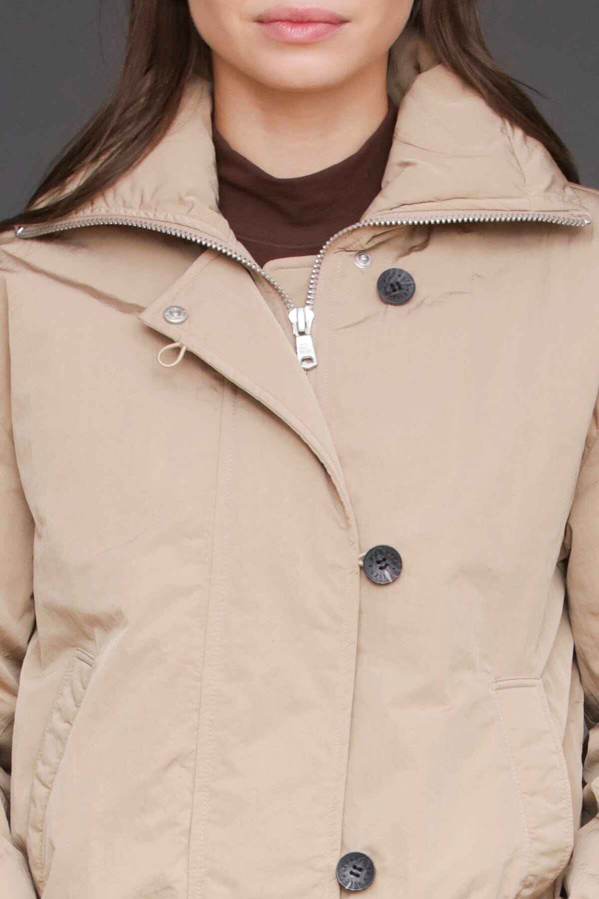 Padded nylon khaki button front bomber jacket with envelope collar neckline and long sleeves - Cute women's jackets by Avec Les Filles
