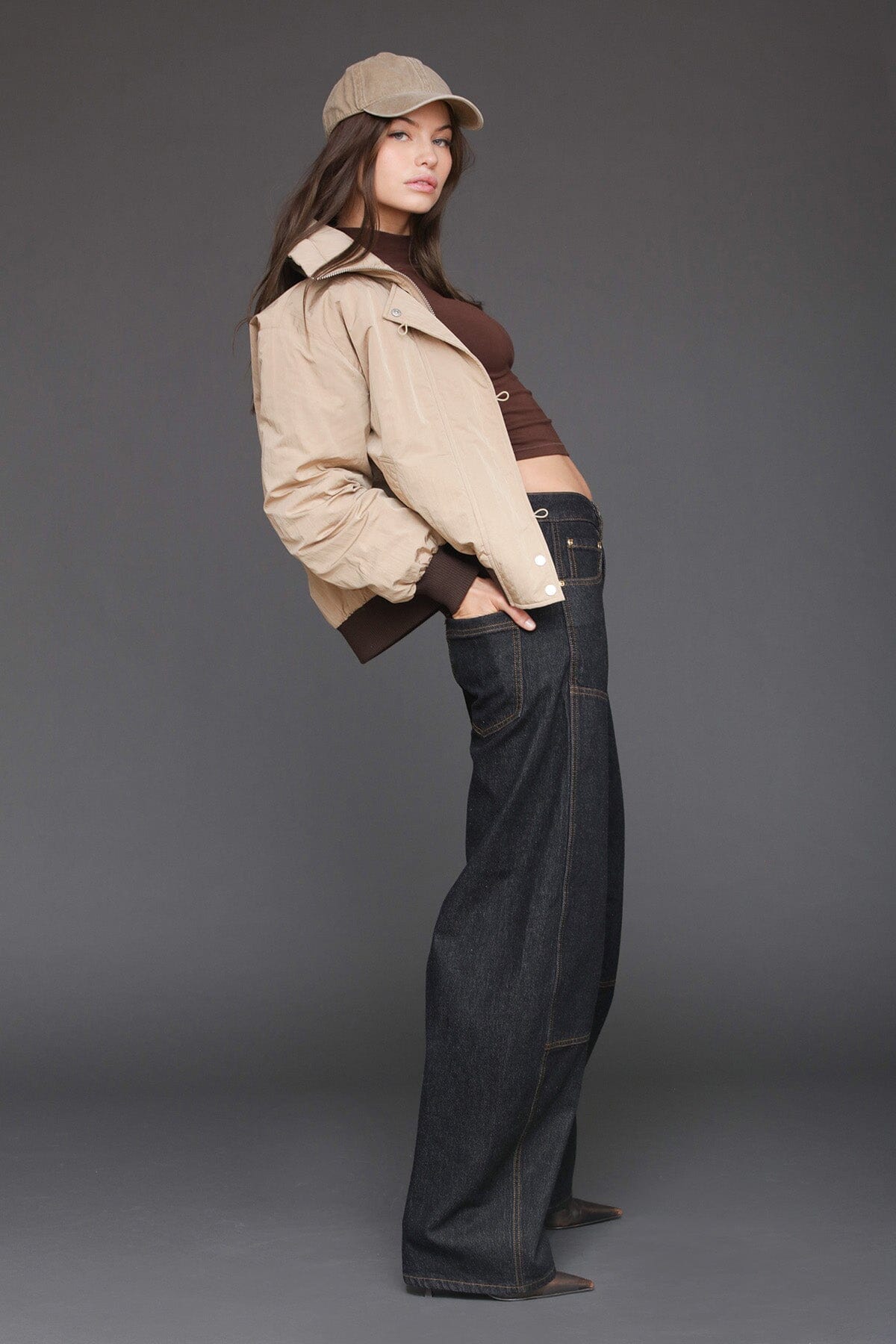 Padded nylon khaki button front bomber jacket with envelope collar neckline and long sleeves - Cute women's jackets by Avec Les Filles