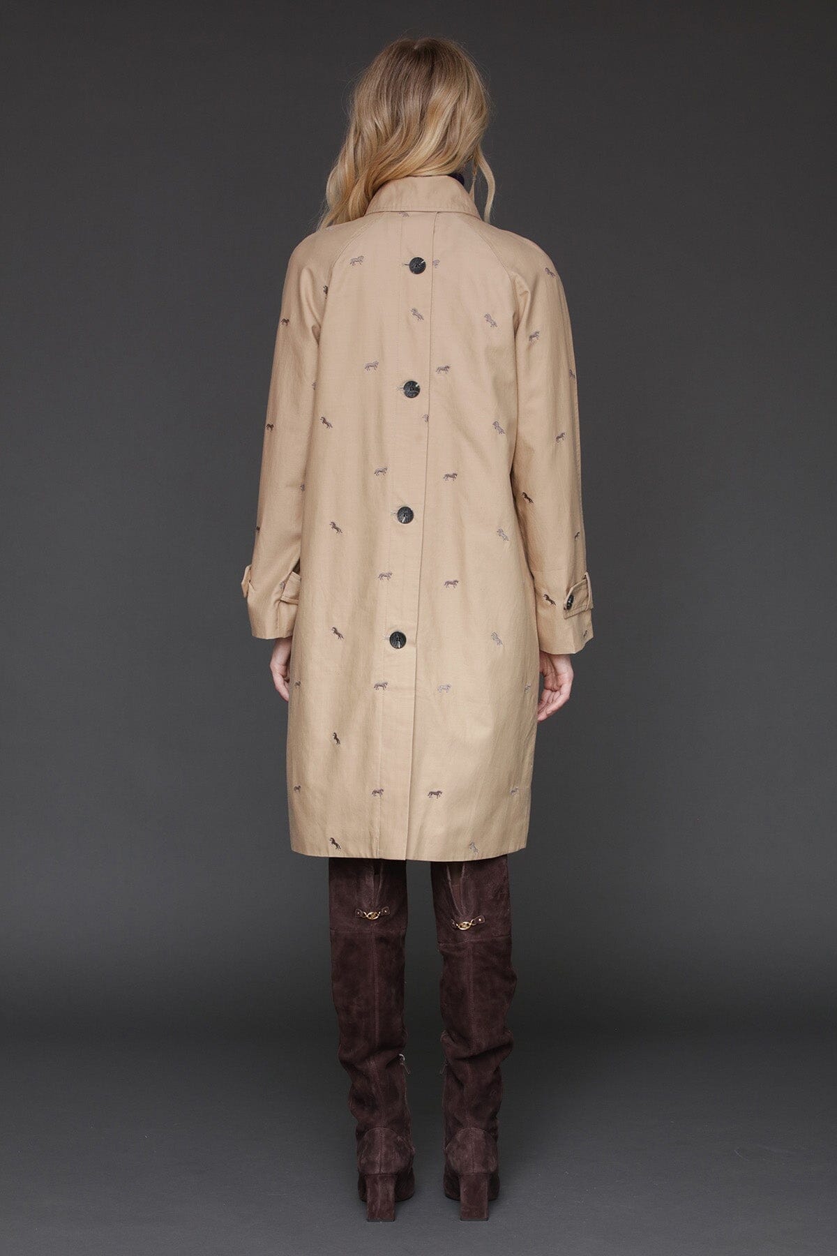 Equine embroidered cotton khaki trench coat with button front placket and long raglan sleeves - Cute women's trench coats by Avec Les Filles