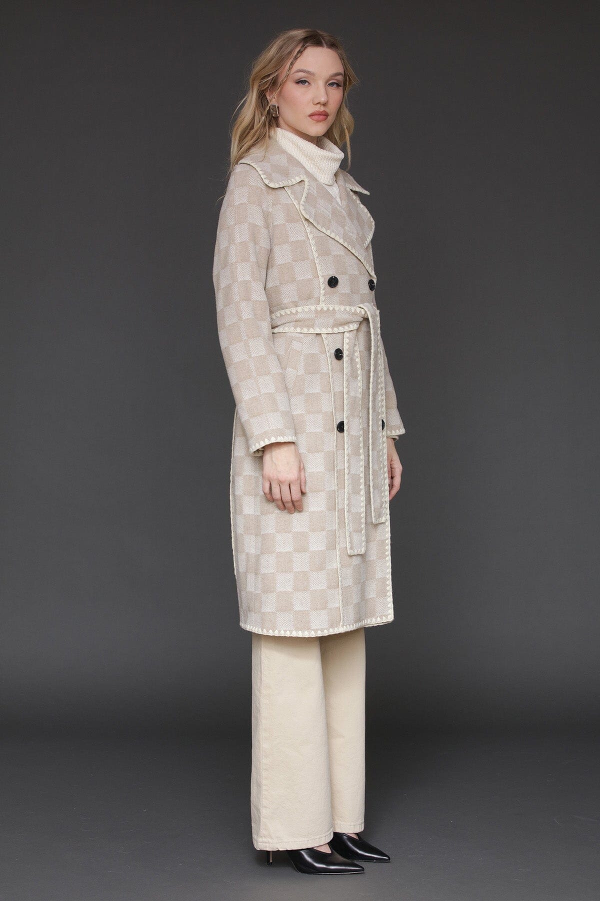 Sand checkered wool blend blanket stitch double-breasted maxi coat with long sleeves and self-tie belt - Cute women's maxi coats by Avec Les Filles