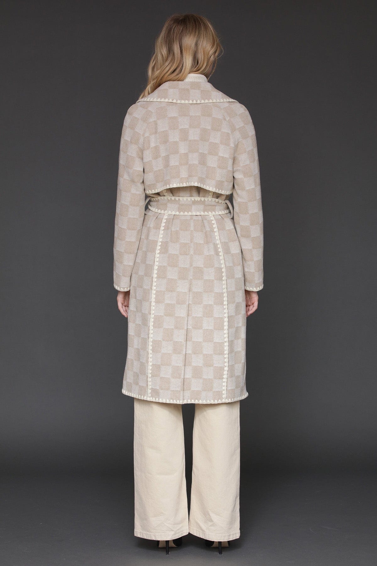 Sand checkered wool blend blanket stitch double-breasted maxi coat with long sleeves and self-tie belt - Cute women's maxi coats by Avec Les Filles
