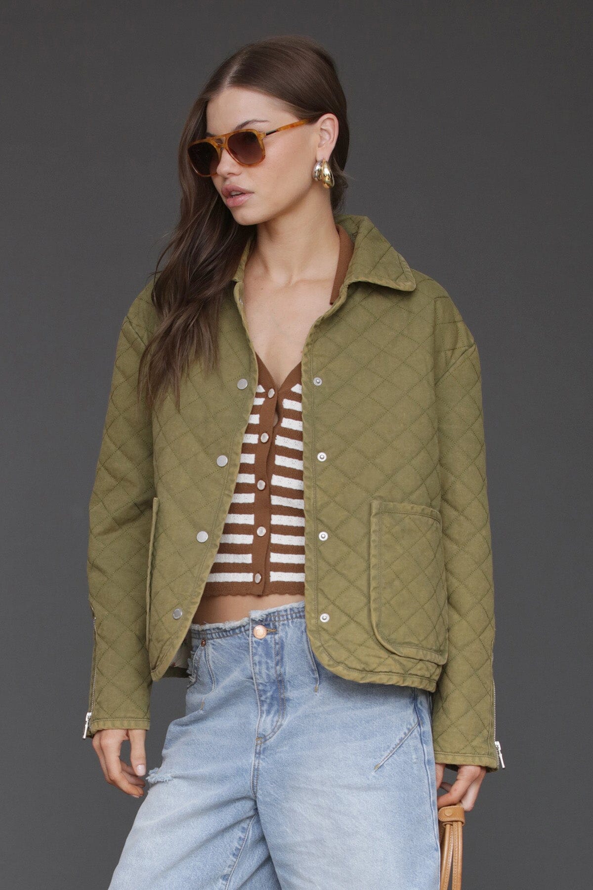 Quilted cotton field green jacket with snap front, long sleeves and two front patch pockets - Cute women's jackets by Avec Les Filles