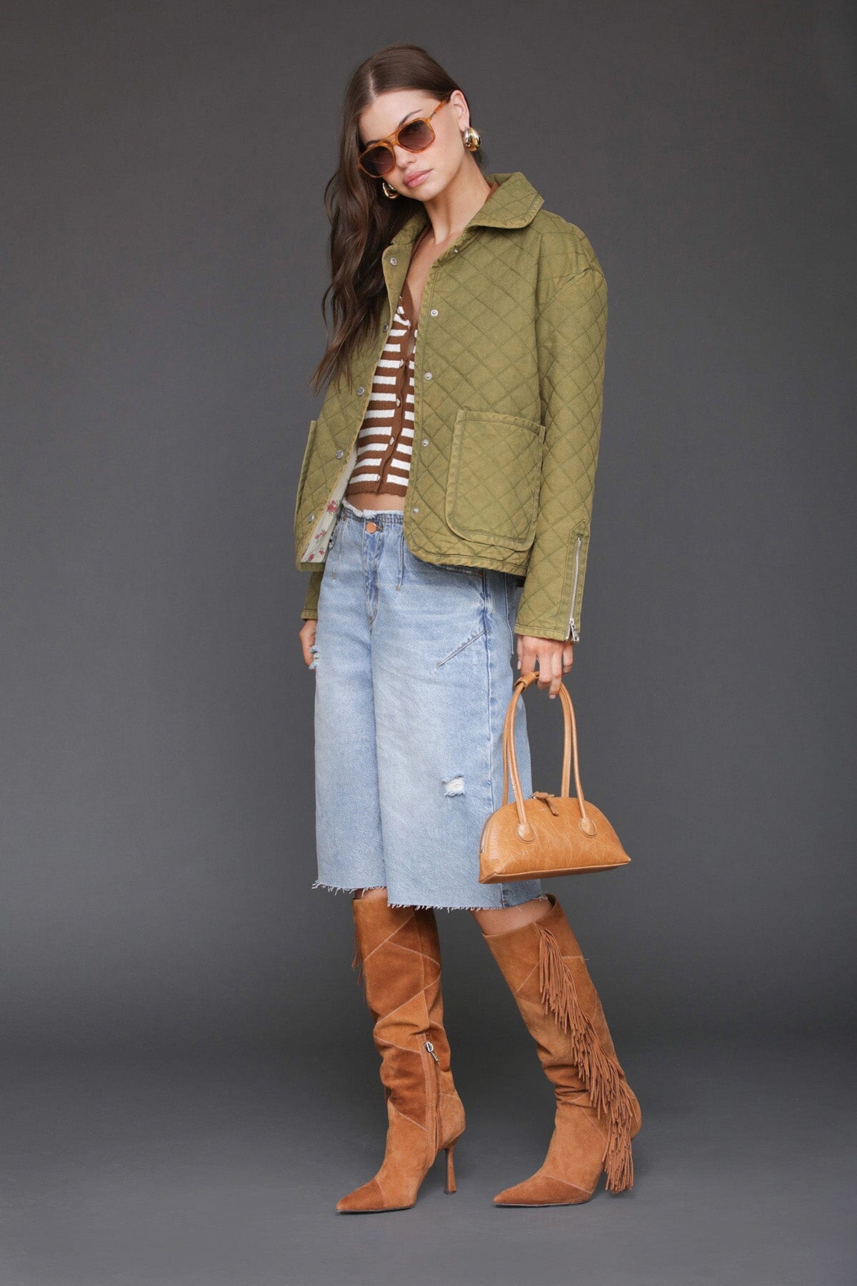 Quilted cotton field green jacket with snap front, long sleeves and two front patch pockets - Cute women's jackets by Avec Les Filles