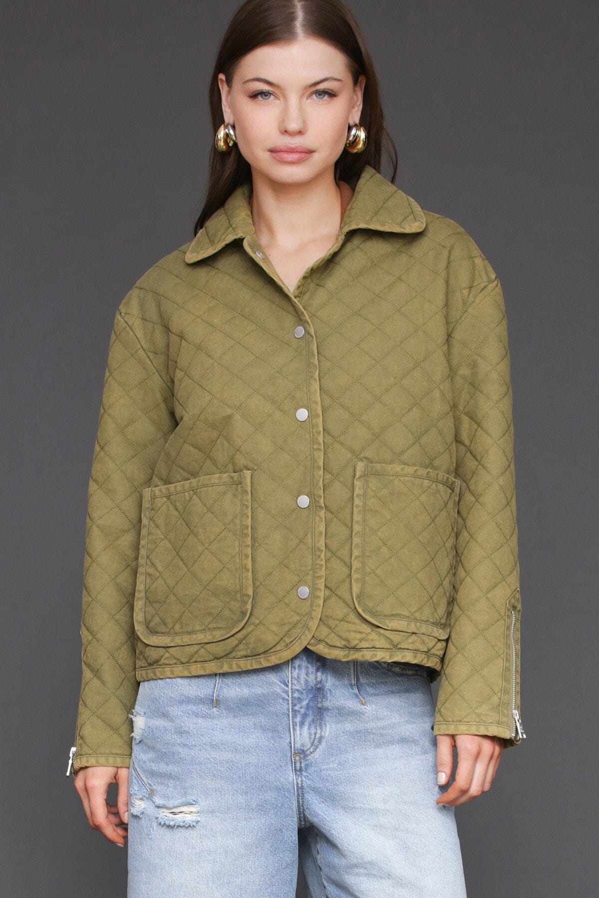 Quilted cotton field green jacket with snap front, long sleeves and two front patch pockets - Cute women's jackets by Avec Les Filles