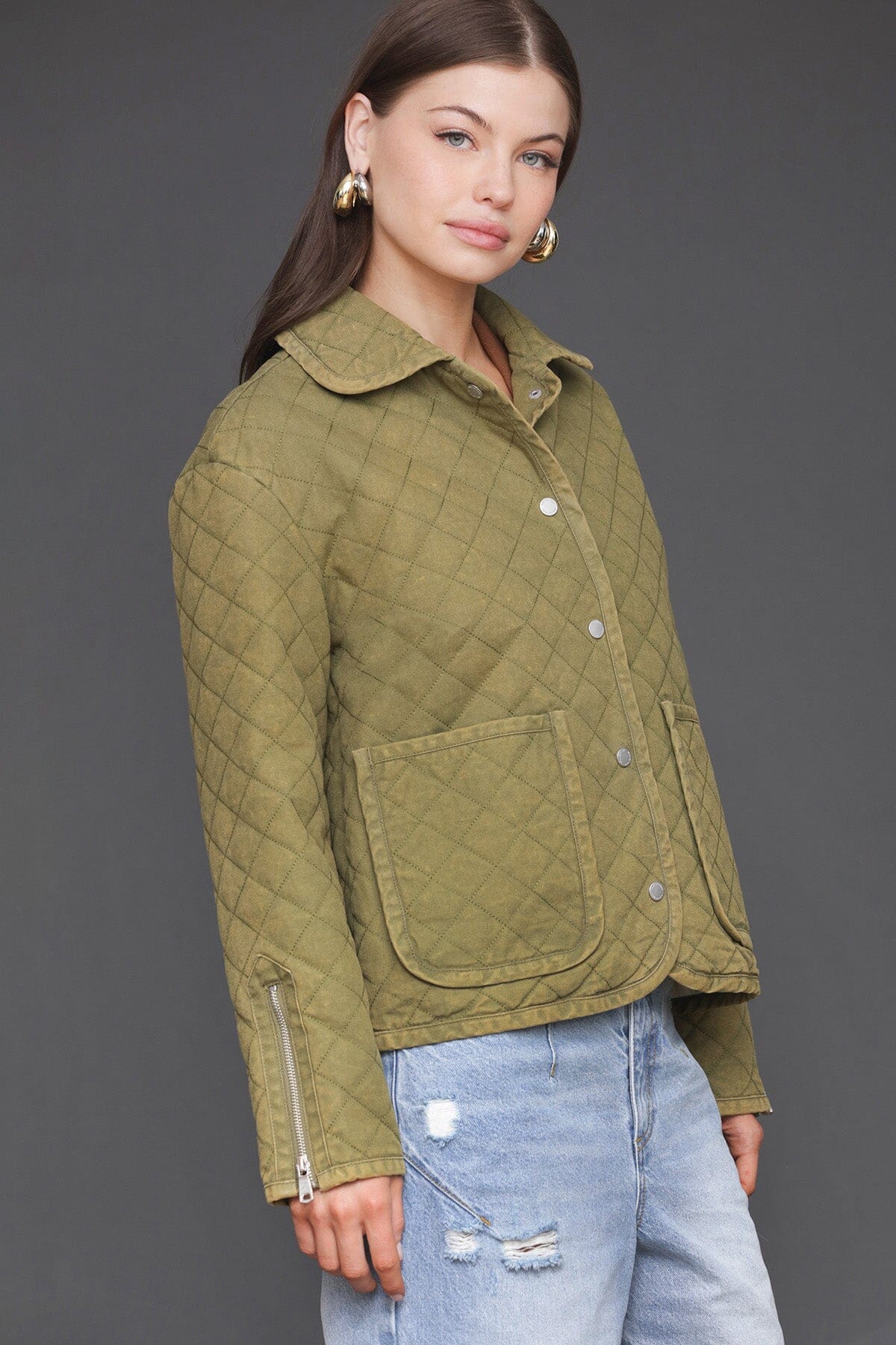 Quilted cotton field green jacket with snap front, long sleeves and two front patch pockets - Cute women's jackets by Avec Les Filles