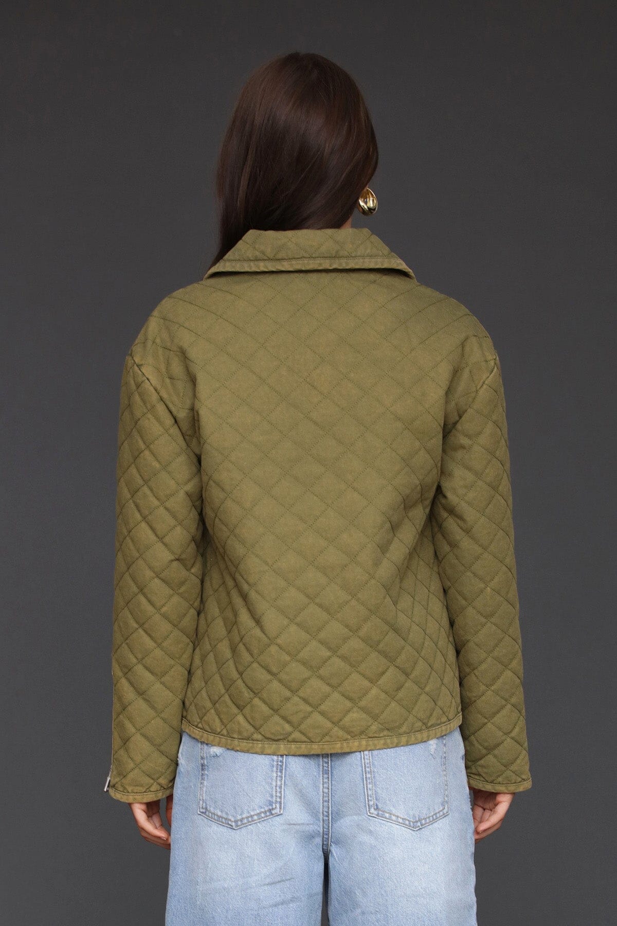 Quilted cotton field green jacket with snap front, long sleeves and two front patch pockets - Cute women's jackets by Avec Les Filles