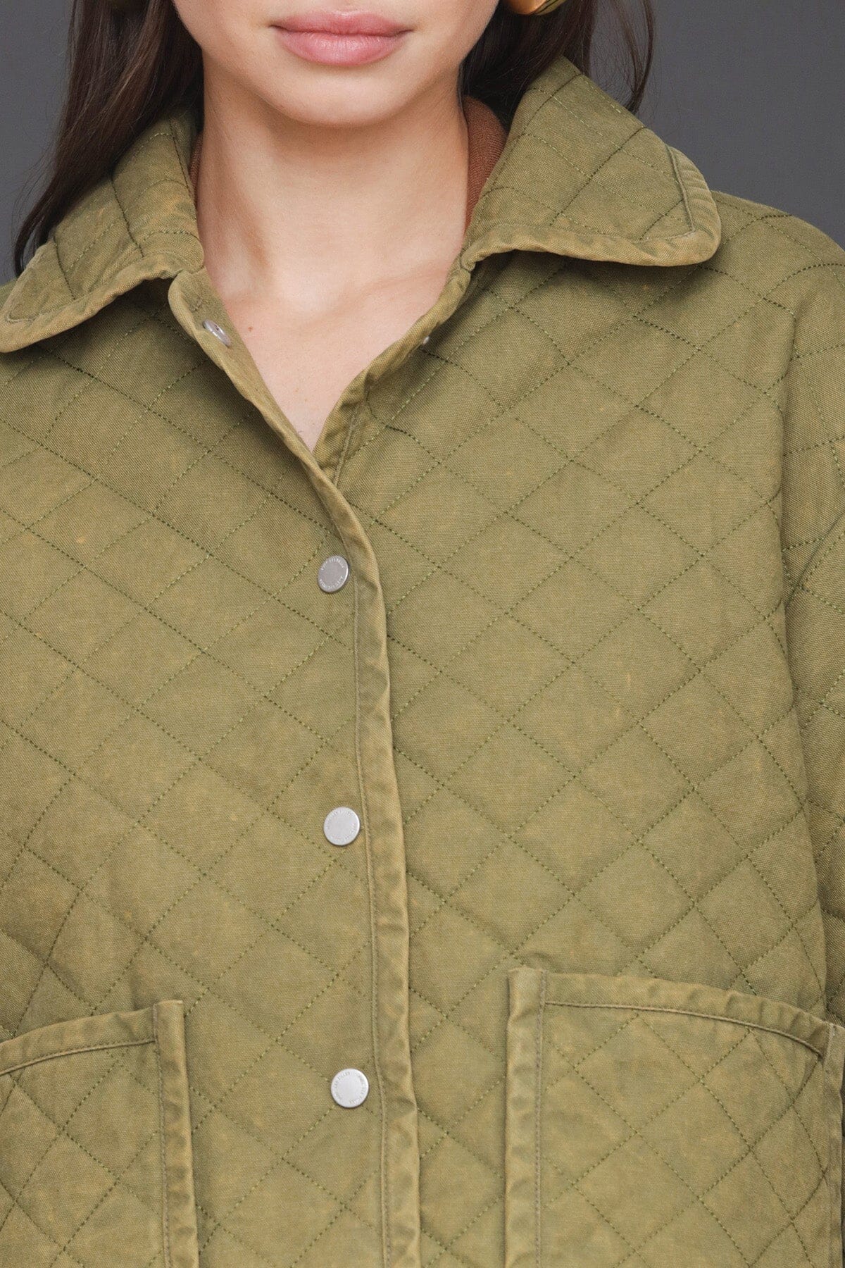 Quilted cotton field green jacket with snap front, long sleeves and two front patch pockets - Cute women's jackets by Avec Les Filles