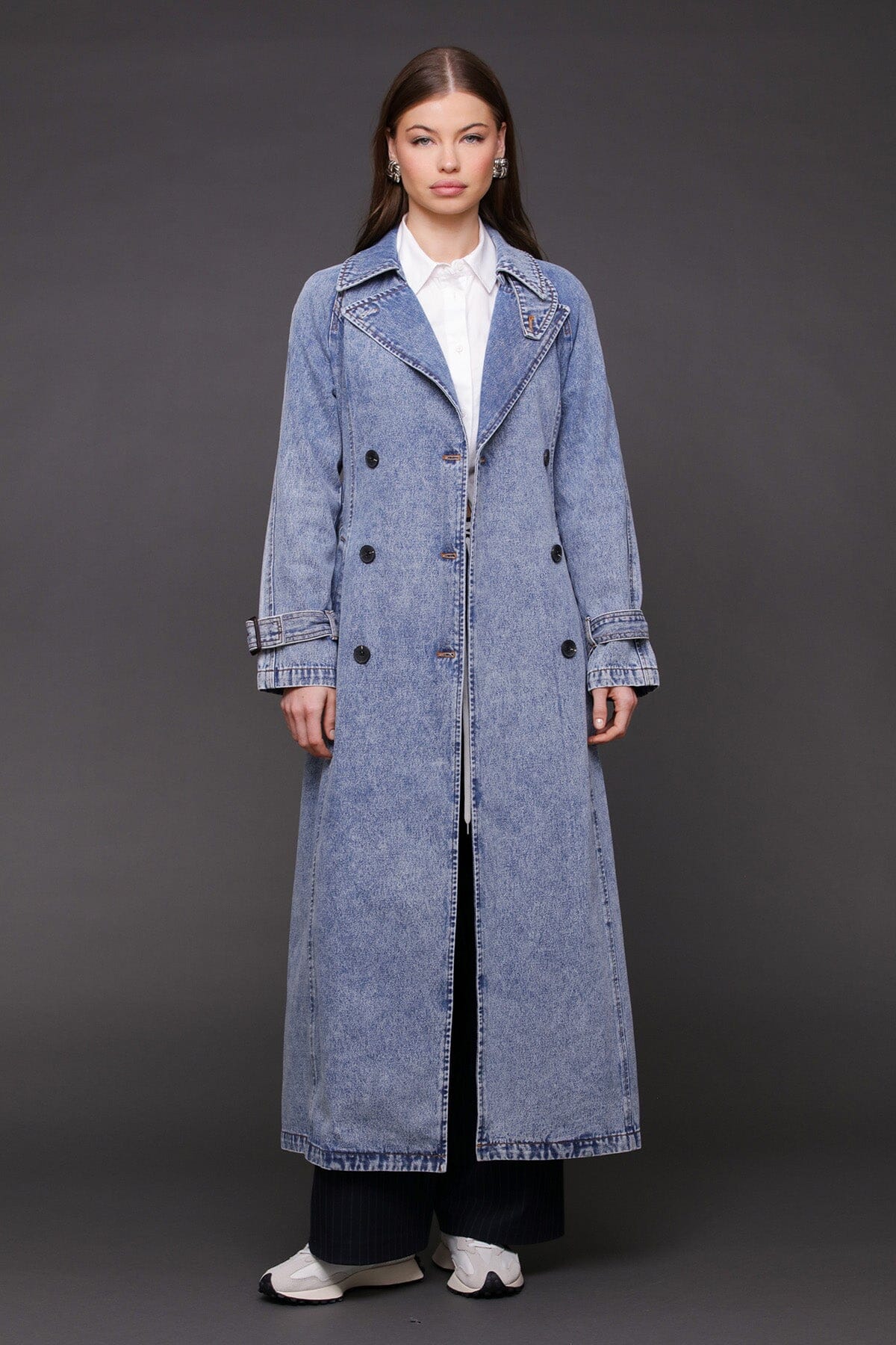 Denim blue double-breasted maxi trench coat with raglan sleeves and removable self-tie belt - Cute women's trench coats by Avec Les Filles