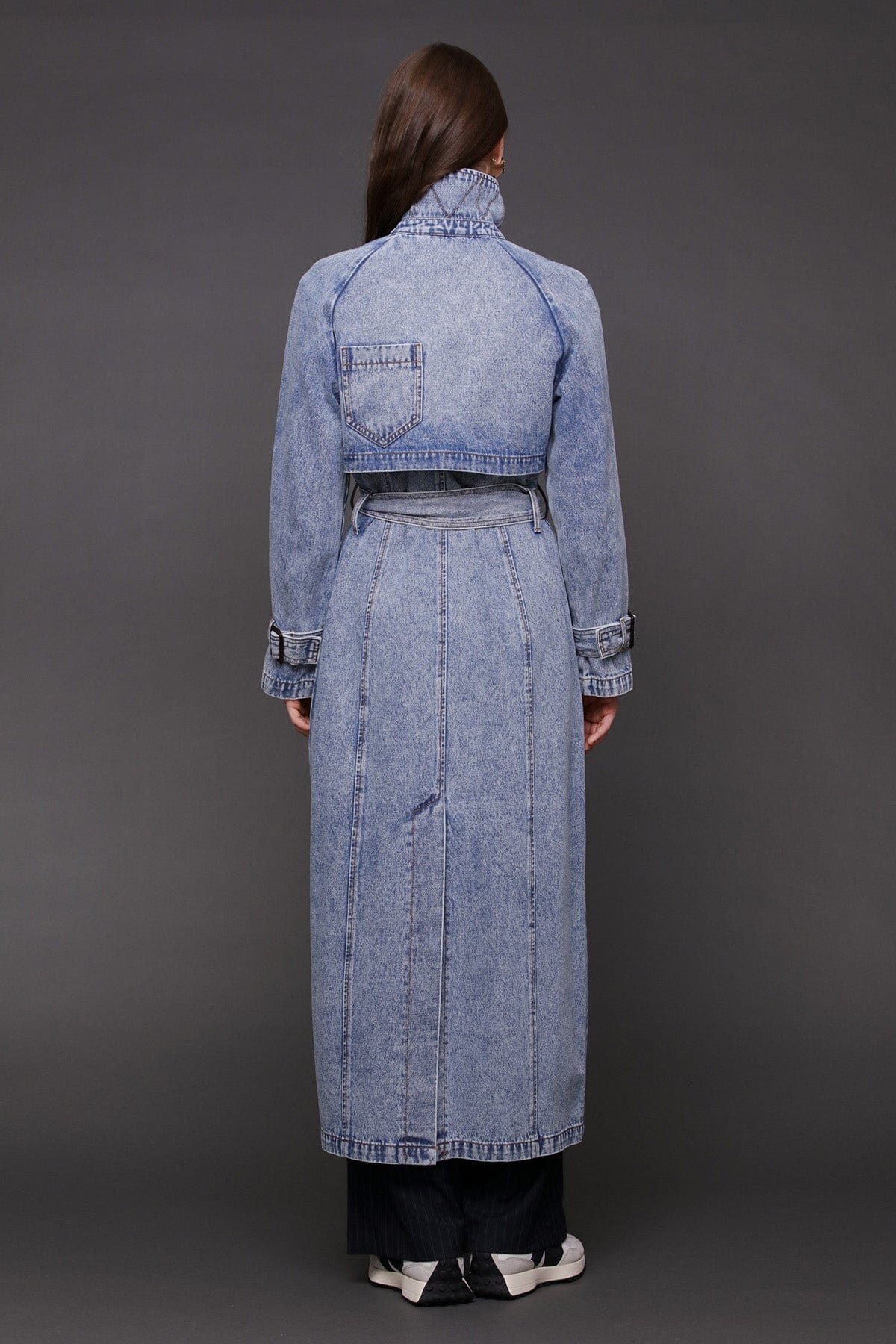 Denim blue double-breasted maxi trench coat with raglan sleeves and removable self-tie belt - Cute women's trench coats by Avec Les Filles