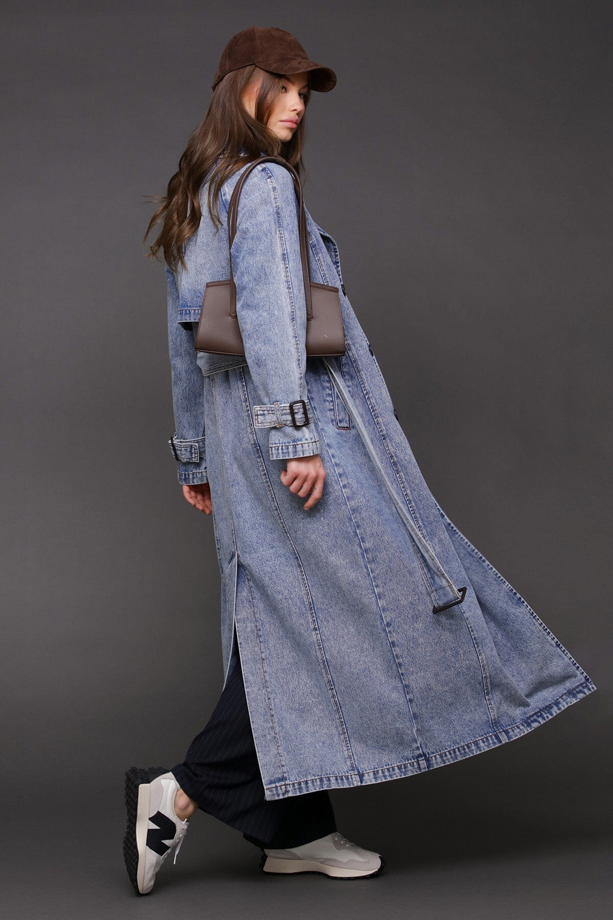 Denim blue double-breasted maxi trench coat with raglan sleeves and removable self-tie belt - Cute women's trench coats by Avec Les Filles