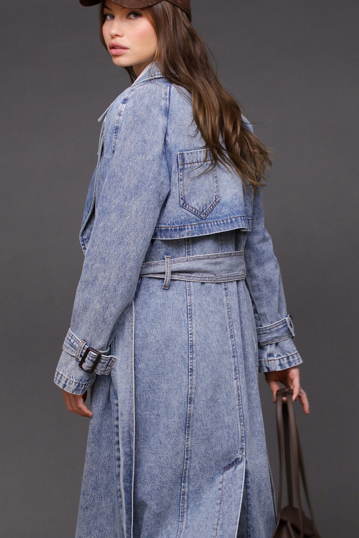 Denim blue double-breasted maxi trench coat with raglan sleeves and removable self-tie belt - Cute women's trench coats by Avec Les Filles