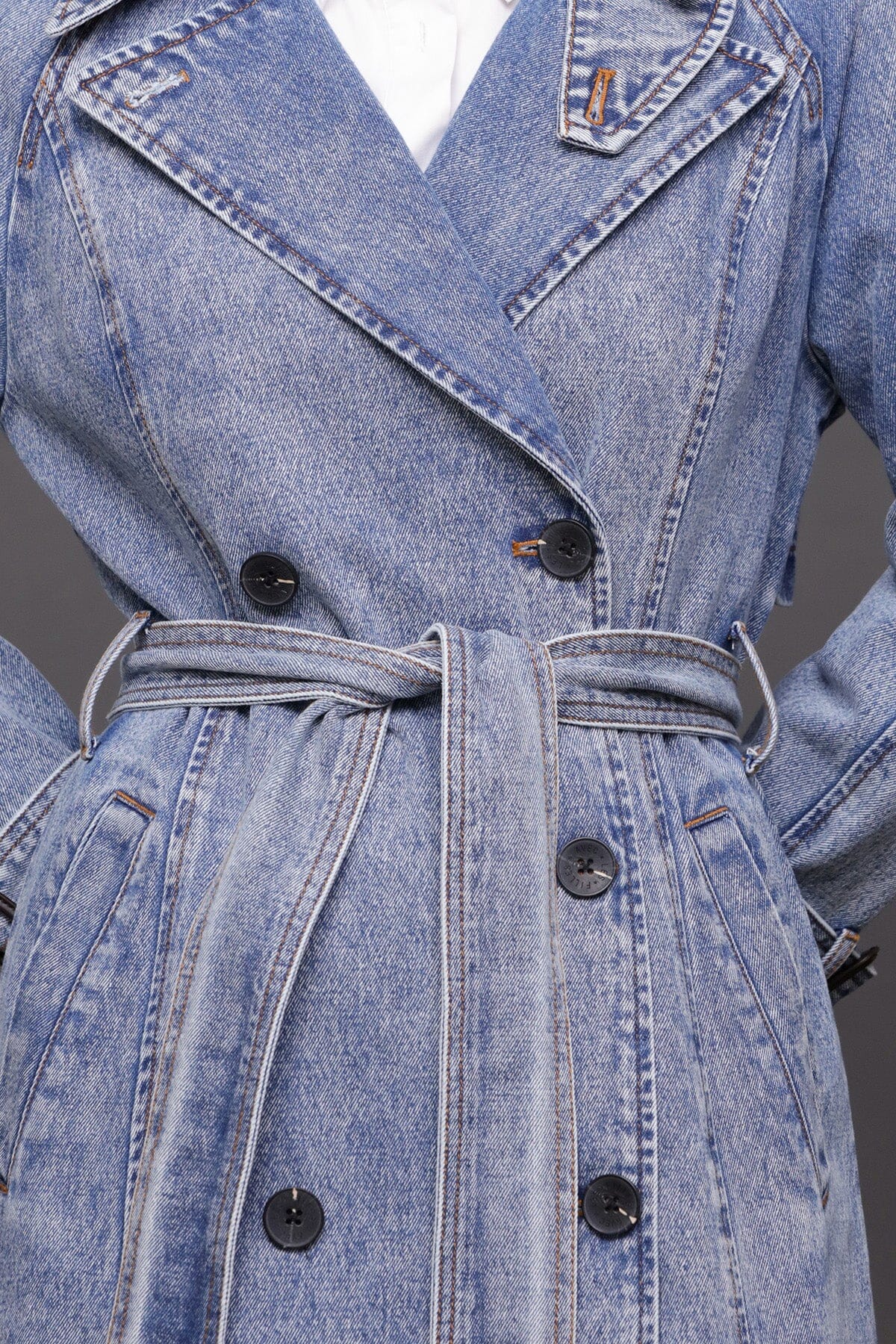 Denim blue double-breasted maxi trench coat with raglan sleeves and removable self-tie belt - Cute women's trench coats by Avec Les Filles