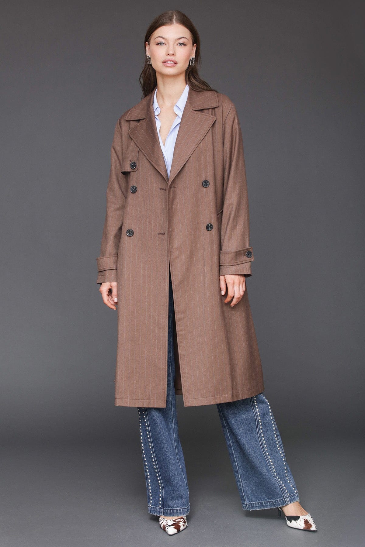 Pinstripe button back brown stripe double-breasted trench coat with removable tie belt - Cute women's trench coats by Avec Les Filles