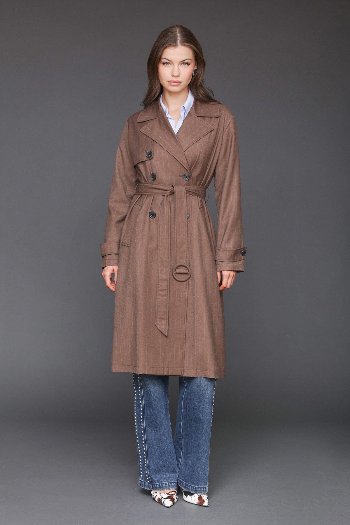 Pinstripe button back brown stripe double-breasted trench coat with removable tie belt - Cute women's trench coats by Avec Les Filles
