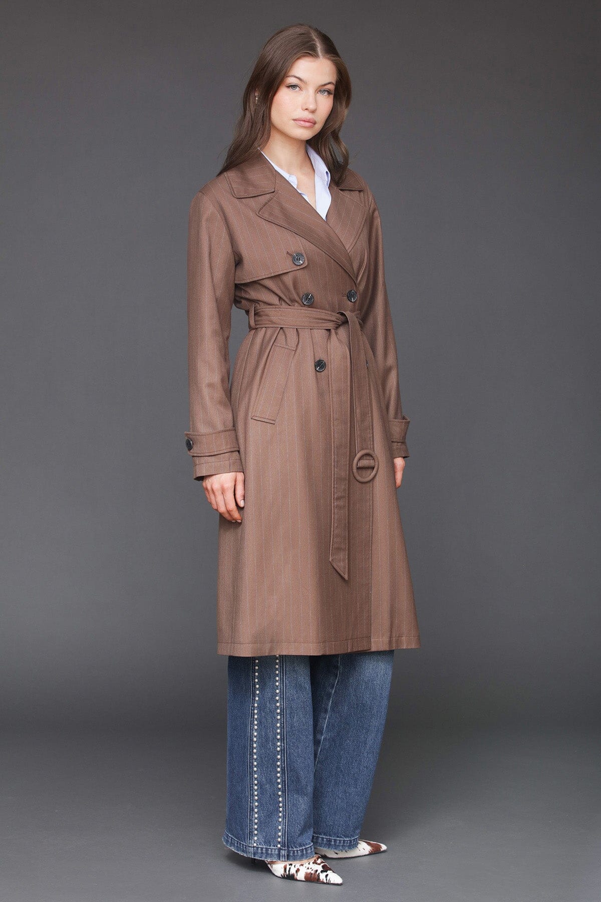 Pinstripe button back brown stripe double-breasted trench coat with removable tie belt - Cute women's trench coats by Avec Les Filles