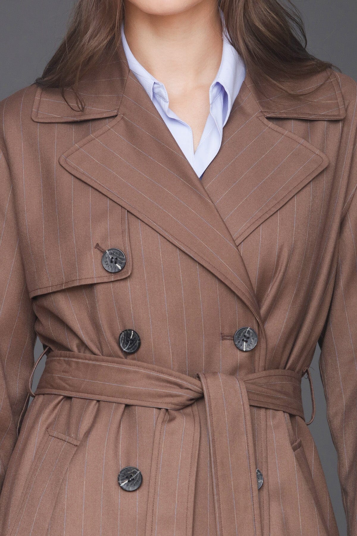 Pinstripe button back brown stripe double-breasted trench coat with removable tie belt - Cute women's trench coats by Avec Les Filles