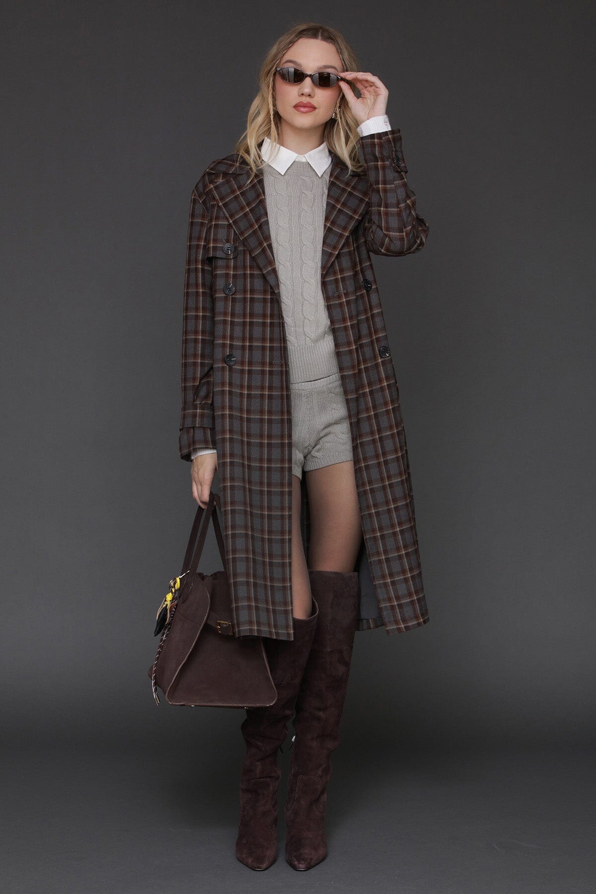 Brown Tartan Womens Coat Women's Grey Brown Plaid Belted Trench Coat