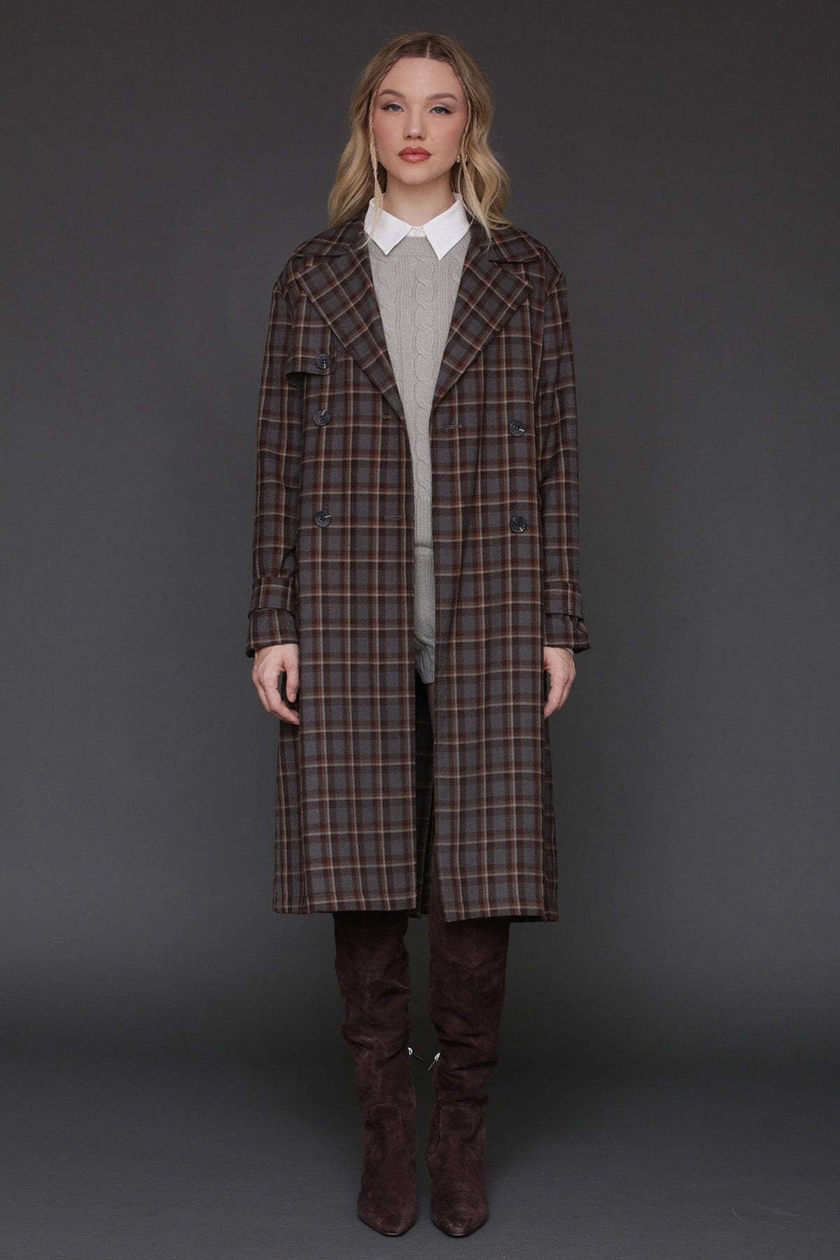 Grey brown plaid button-back double-breasted trench coat with removable tie belt - Cute women's trench coats by Avec Les Filles
