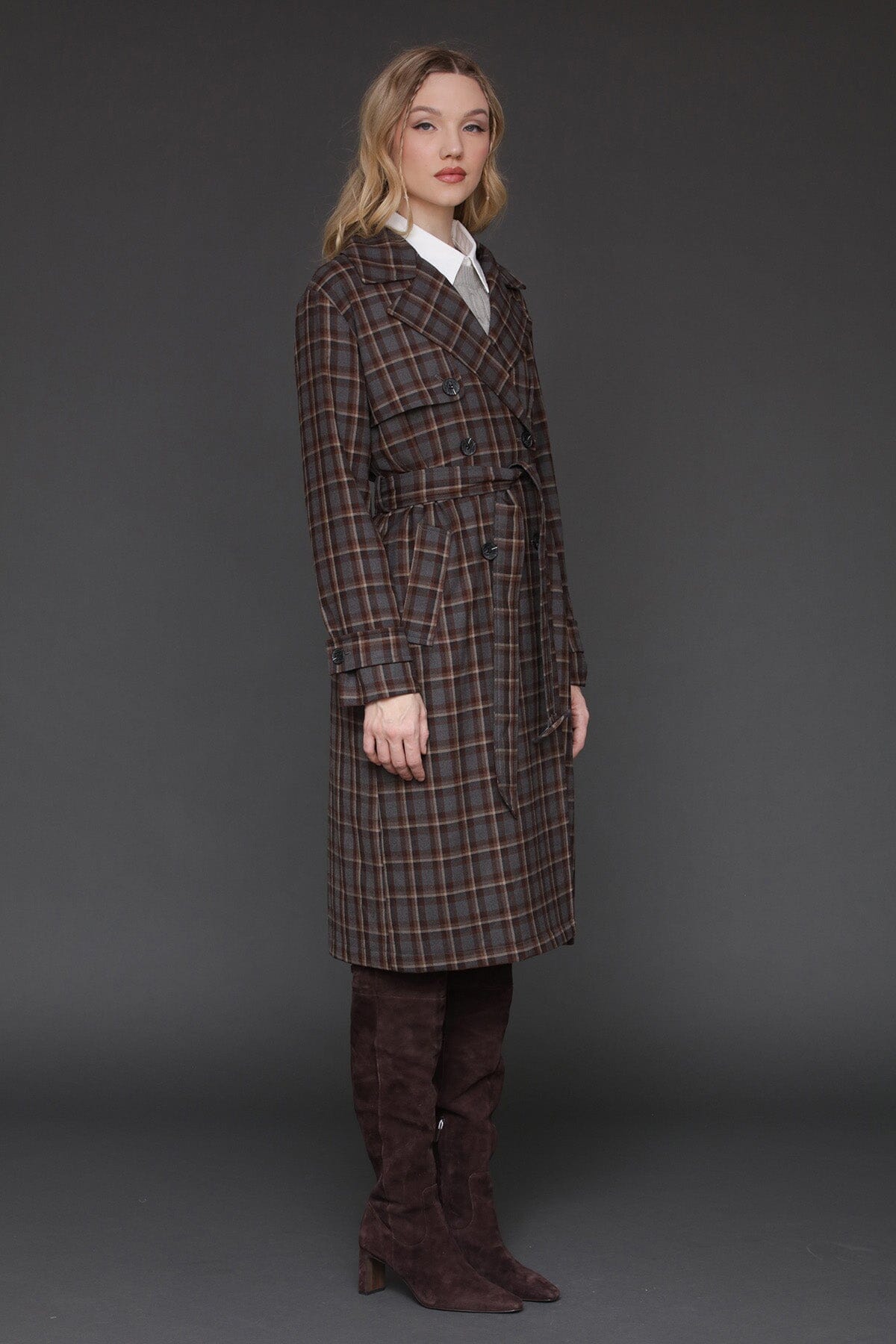 Grey brown plaid button-back double-breasted trench coat with removable tie belt - Cute women's trench coats by Avec Les Filles