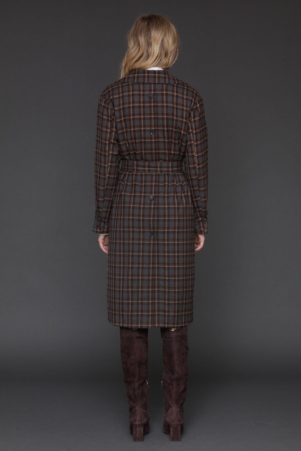 Grey brown plaid button-back double-breasted trench coat with removable tie belt - Cute women's trench coats by Avec Les Filles
