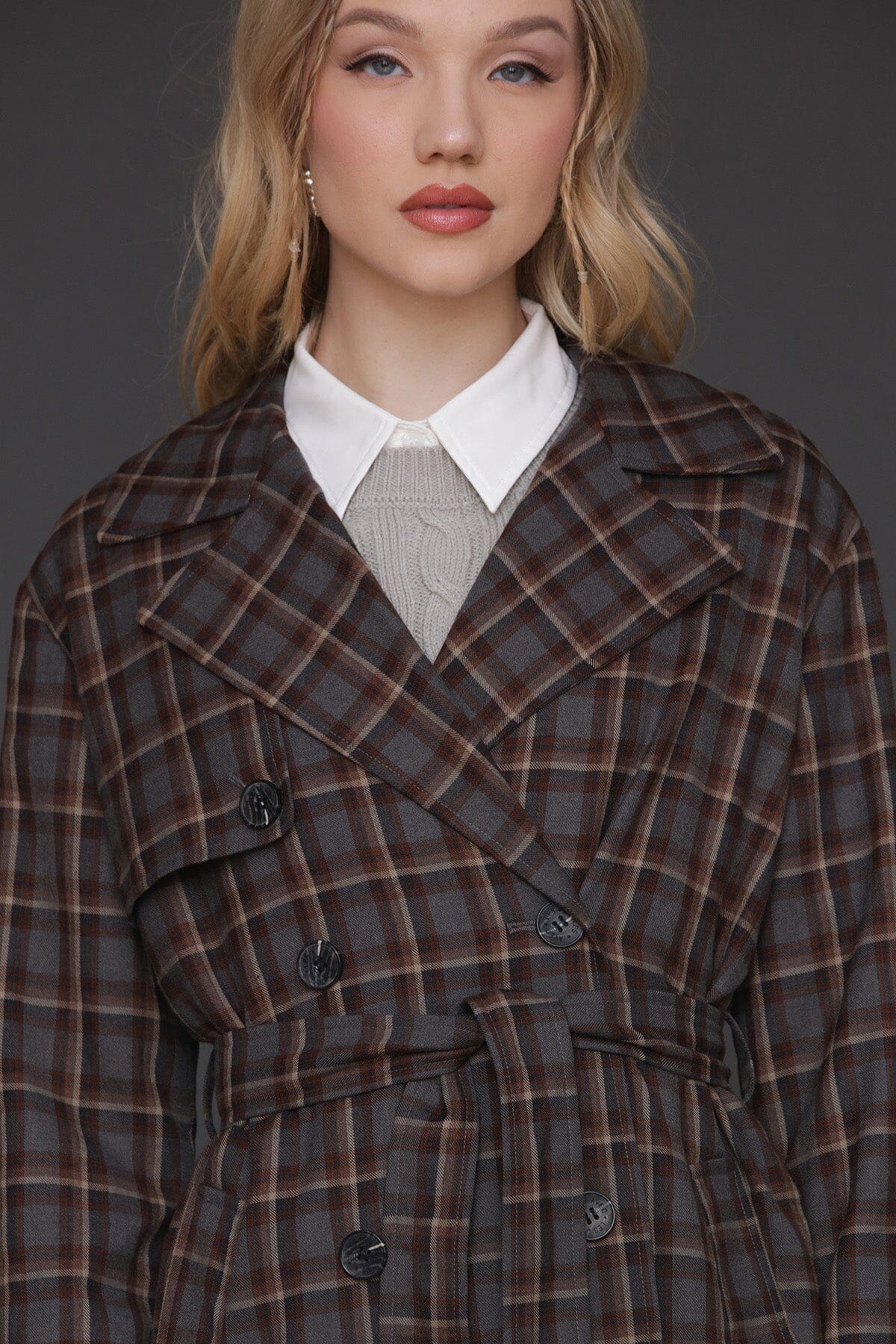 Grey brown plaid button-back double-breasted trench coat with removable tie belt - Cute women's trench coats by Avec Les Filles