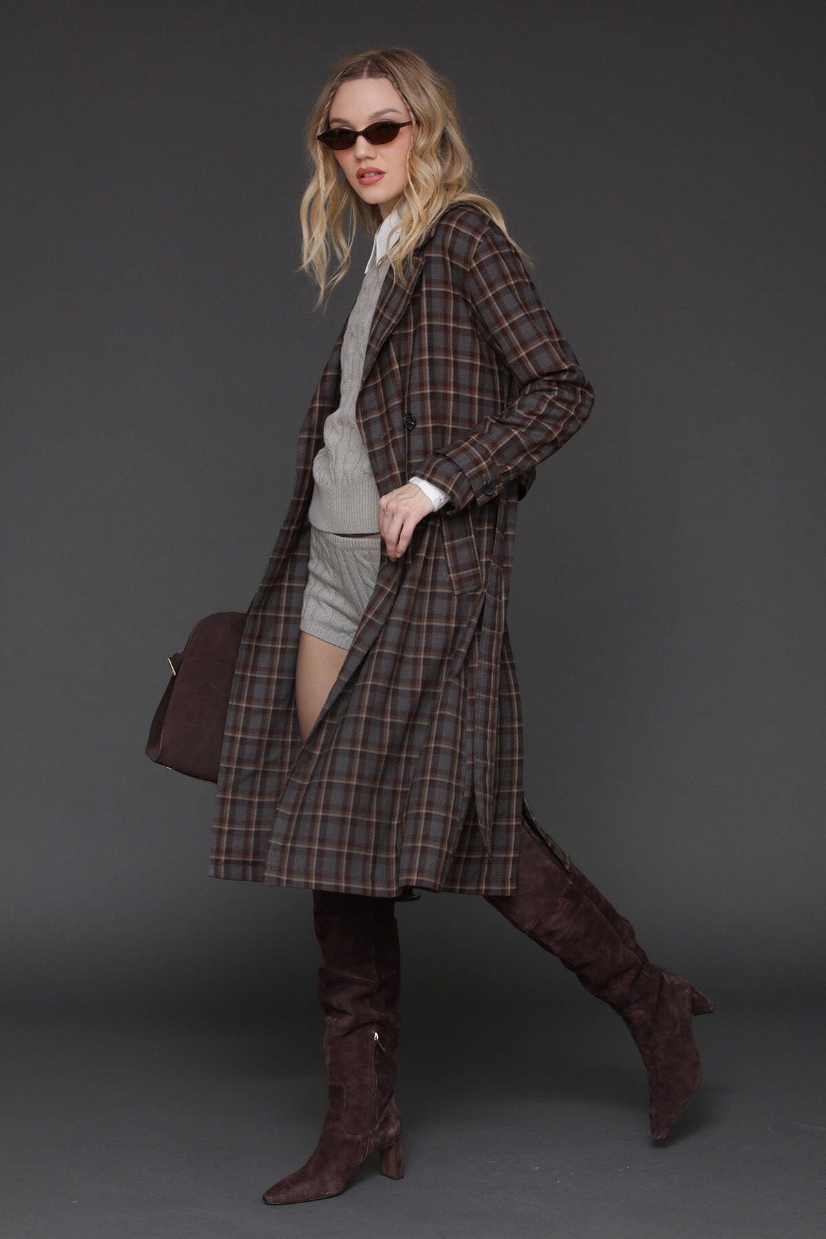 Grey brown plaid button-back double-breasted trench coat with removable tie belt - Cute women's trench coats by Avec Les Filles