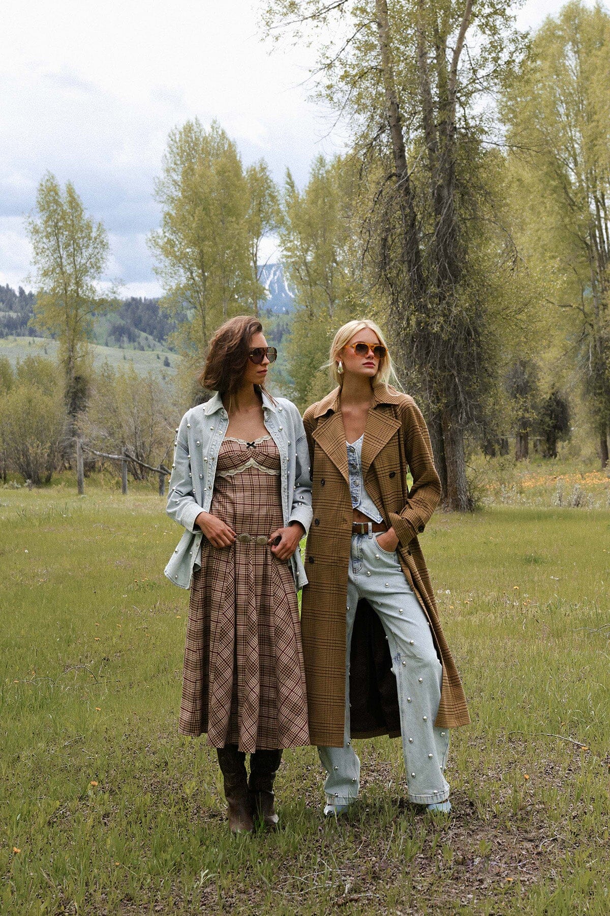 Brown plaid strong shoulder double-breasted maxi trench coat with detachable self-tie belt and long sleeves - Cute women's trench coats by Avec Les Filles