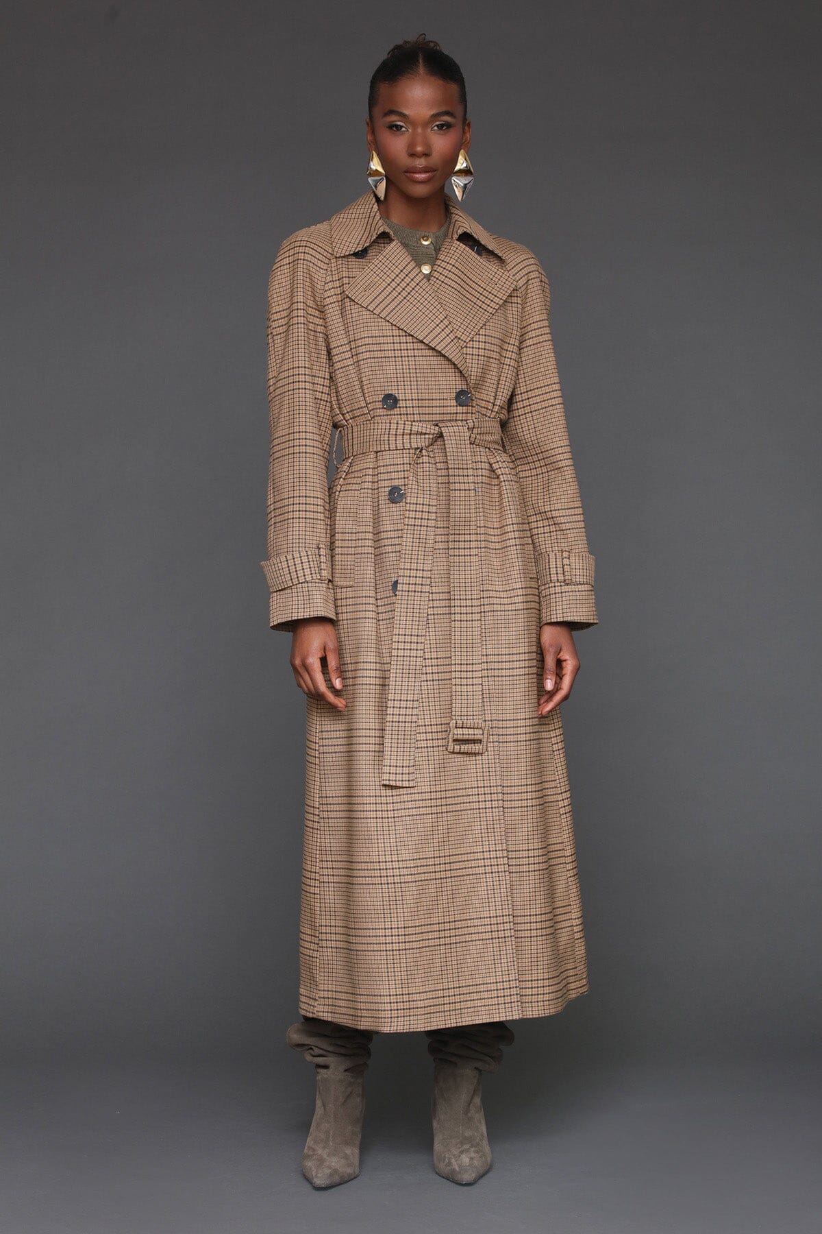 Brown plaid strong shoulder double-breasted maxi trench coat with detachable self-tie belt and long sleeves - Cute women's trench coats by Avec Les Filles